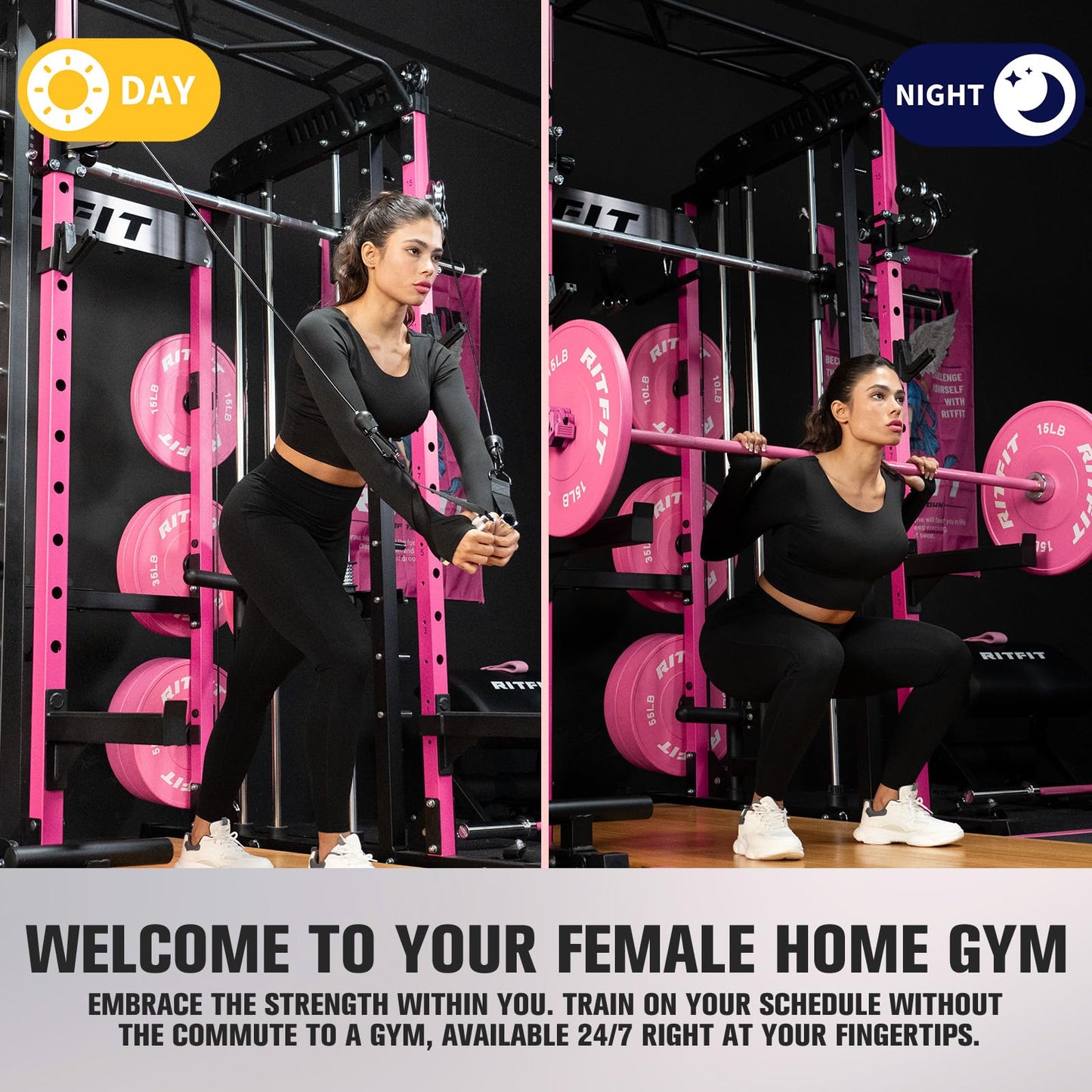 RitFit M1 & M1 Pro Smith Machine with Cable Crossover System, Multi-Function Squat Rack Power Cage for Home Gym, Power Rack and Packages Pink