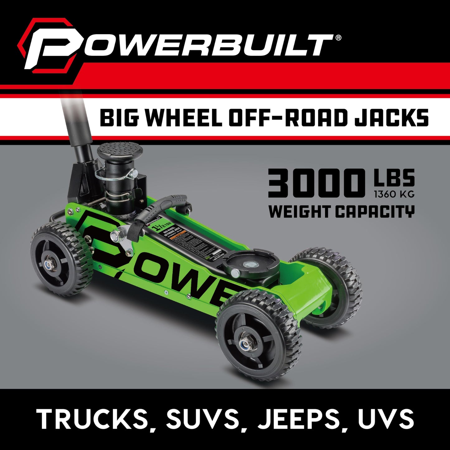 Powerbuilt 1.5 Ton Big Wheel Off Road Jack, Vehicle Lift for Trucks, SUVs, ATVs Offroad Vehicles, Oversized Wheels for Rugged Terrain, 3000 LB Capacity, Green 620628ECE