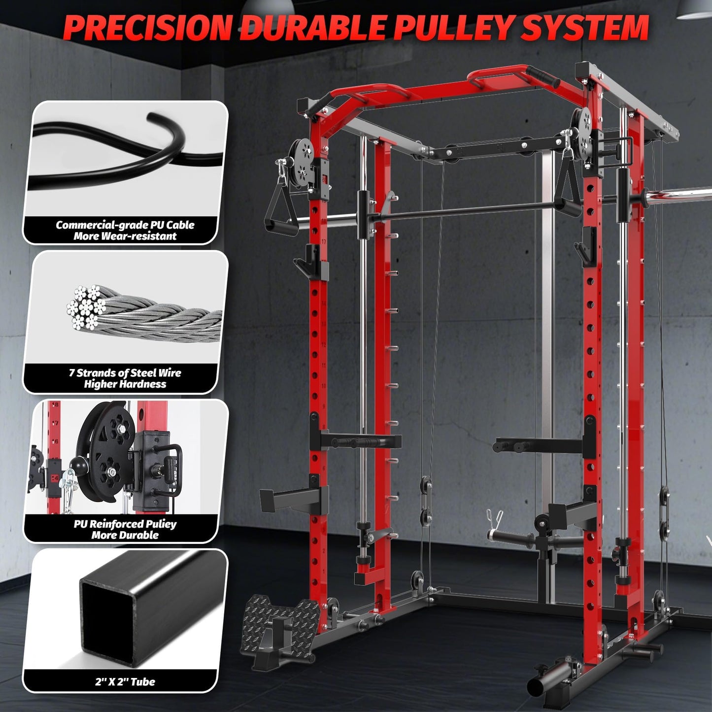 GAOMON Smith Machine Squat Rack, Heavy Duty Strength Training Power Cage with Pulley System, Dip Bar, LAT Pulldown, Multifunctional Workout Machine for Home Gym, Studio, Red