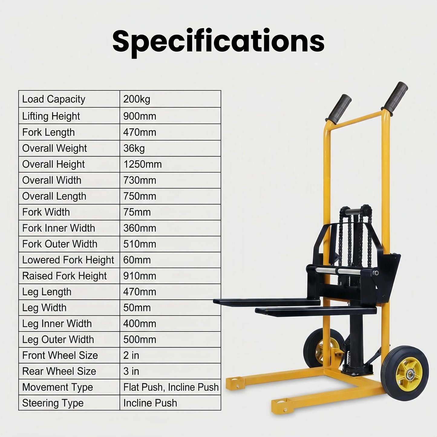Hand Pallet Stacker Manual Fork Lift Truck 200 kg Capacity, High Lift, Spring-Loaded Bottle Jack, Hydraulic Foot Pump - Compact, Durable for Domestic & Industrial Use