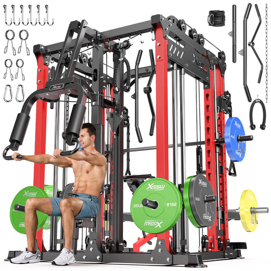 Smith Machine with Cable Crossover System, Multi-Function Power Cage Squat Rack for Home Gym, Power Rack and Packages Weight Sets. (Red, L06-Smith Machine+Bench+(Pole+Color BP) 398LBS)