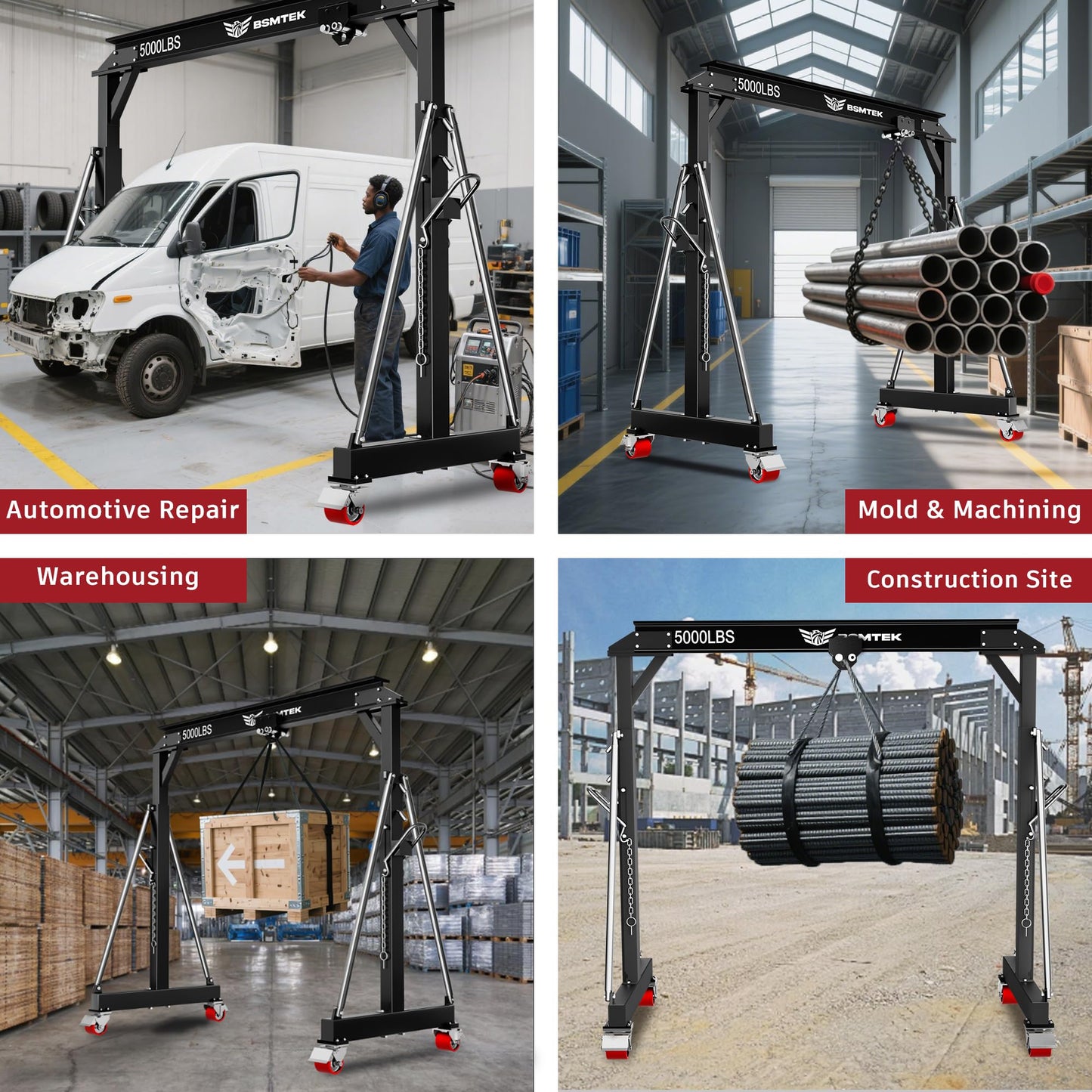 2 Ton Adjustable Gantry Crane,2026 Upgraded 5000LBS Steel I-Beam Construction, Portable Design with 360°Locking Wheels,Gantry Crane Adjustable Height from 8.53-12.5ft for Workshop,Garage