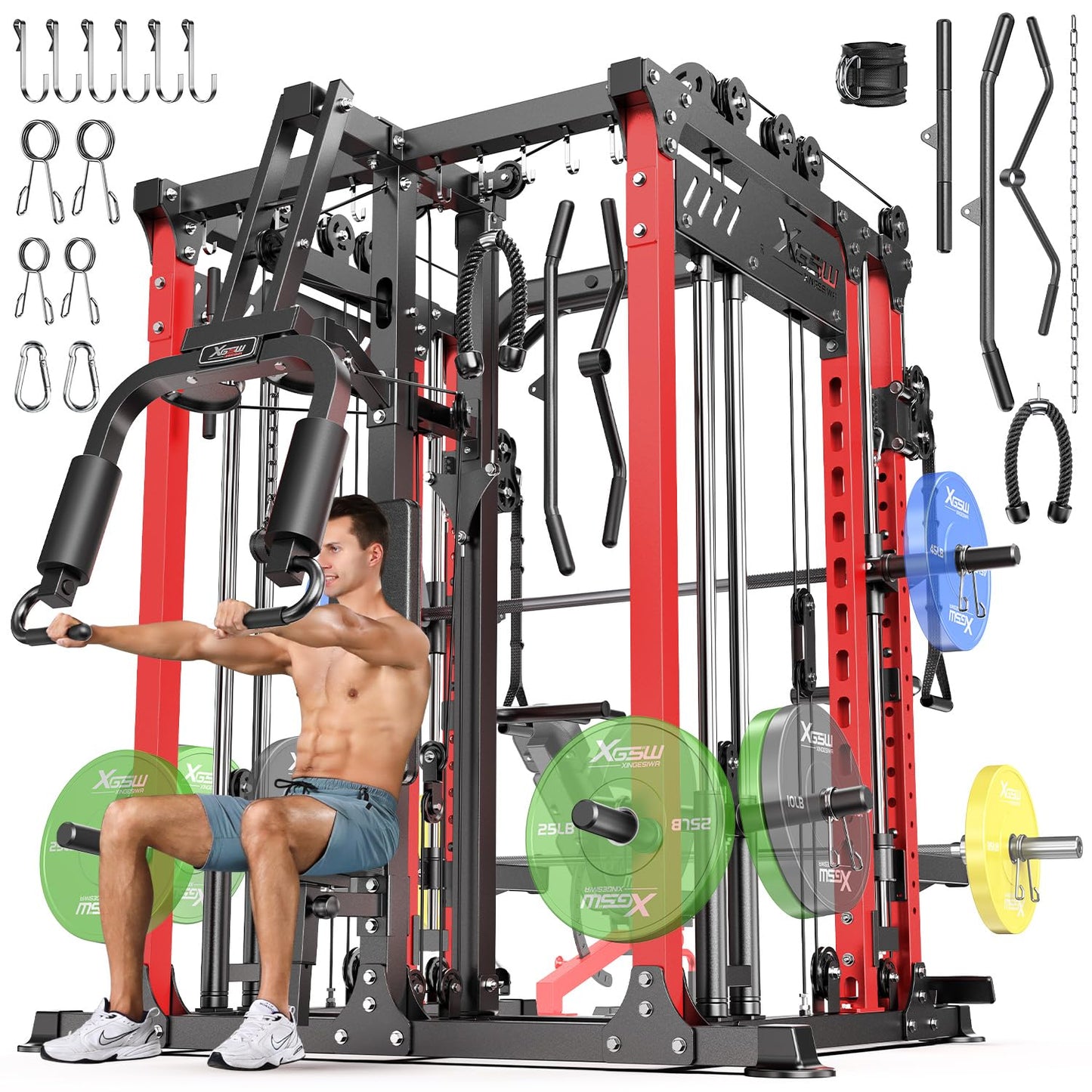 Smith Machine with Cable Crossover System, Multi-Function Power Cage Squat Rack for Home Gym, Power Rack and Packages Weight Sets. (Red, L06-Smith Machine)
