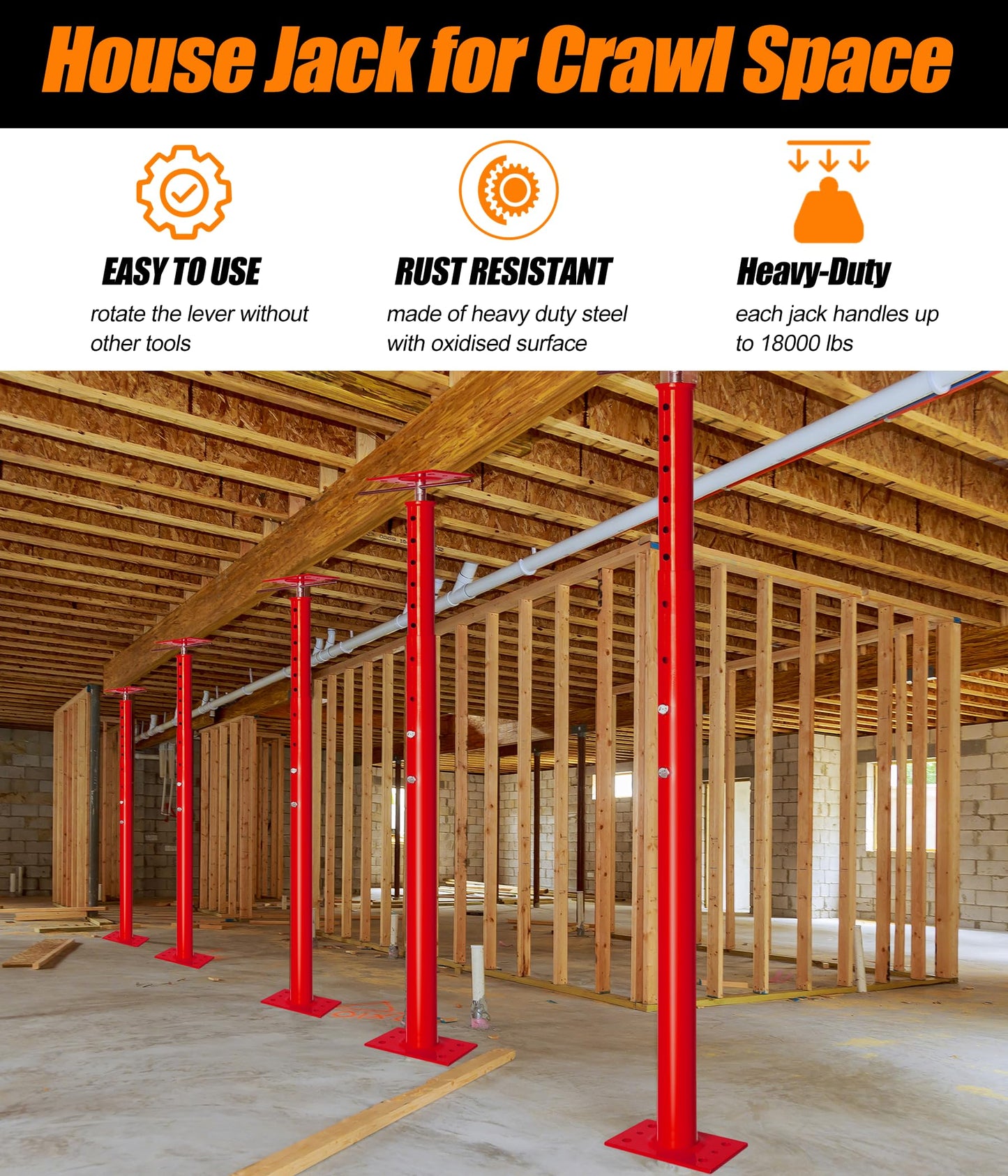 2 Pack Heavy Duty Floor Jack Post 31" to 63" Adjustable Support Pole Jack | 18,000 lbs Load Capacity | Basement Jack for Leveling, Foundation Repair, Crawl Space & Deck Support | Swivel Top Plate