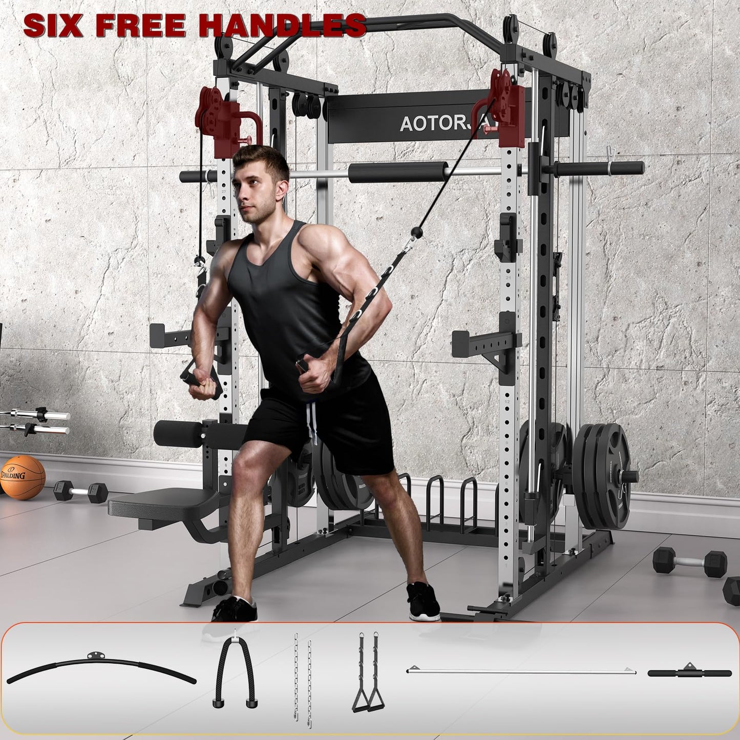 AOTORJAY Smith Machine Home Gym Strength Training Squat Rack Height Adjustable Power Cage with LAT Pull-Down Systems (Smith Machine)