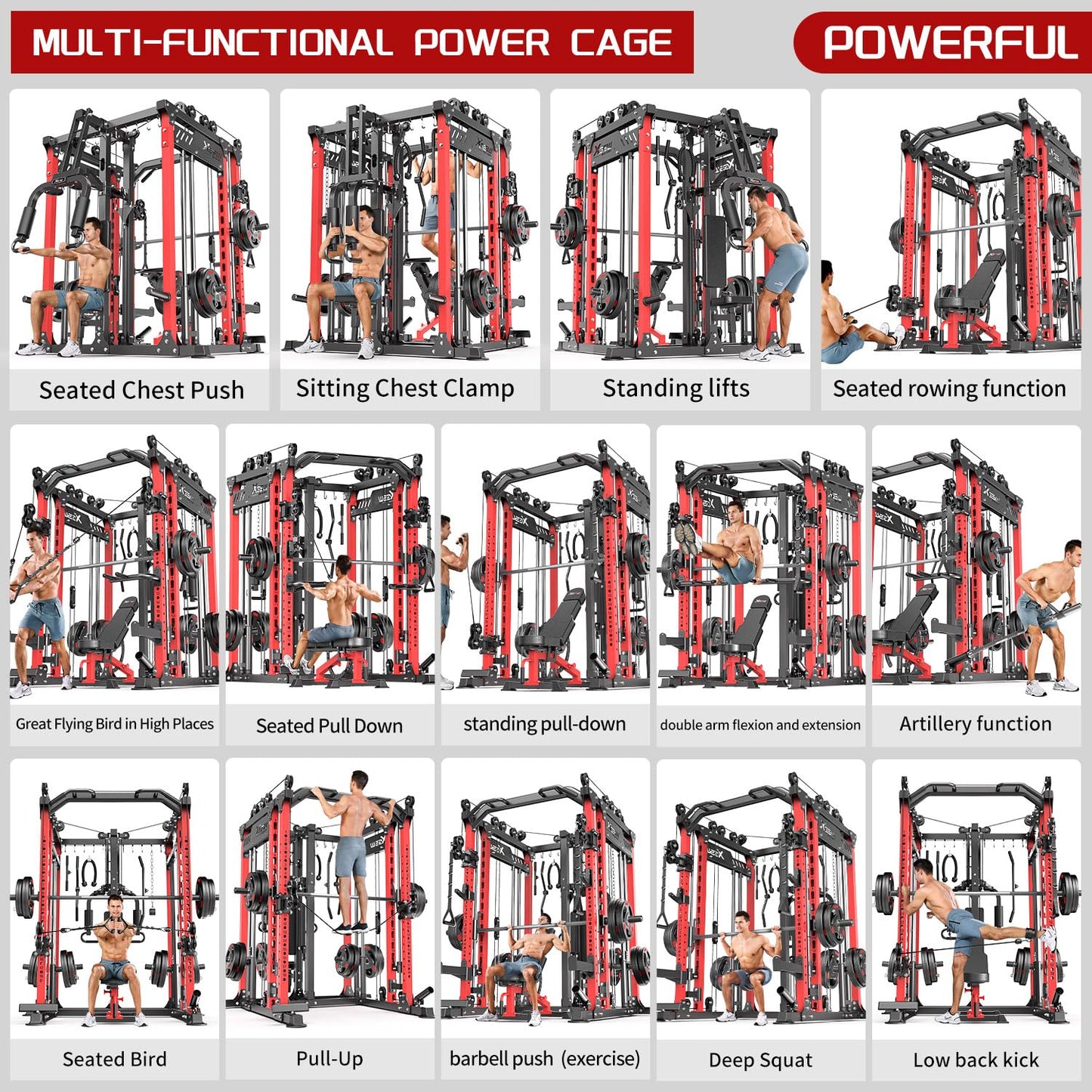 Multi-Purpose Squat Rack,Smith Machine Weight Rack Set with Cable Crossover System, Home Gym Power Racks, Power Racks and Packages (L06 two users, Power cage Black+bench+(pole+Cast lron)250LBS)