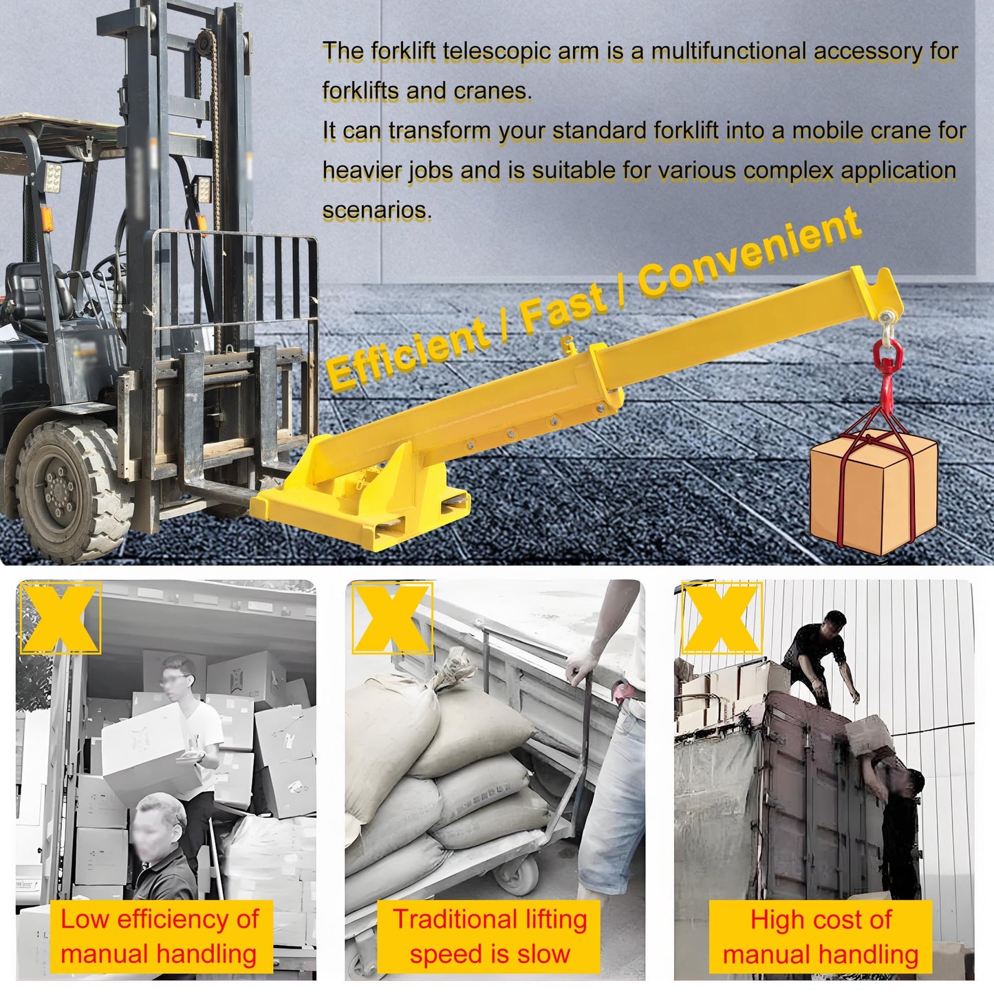 HayWHNKN Forklift Jib Boom Forklift Mobile Crane, 4T / 8800LB Telescopic Crane Attachment with Hook, Max Length 94.5'' Mobile Lifting Hoist Towing Handling for Warehouse & Construction Material