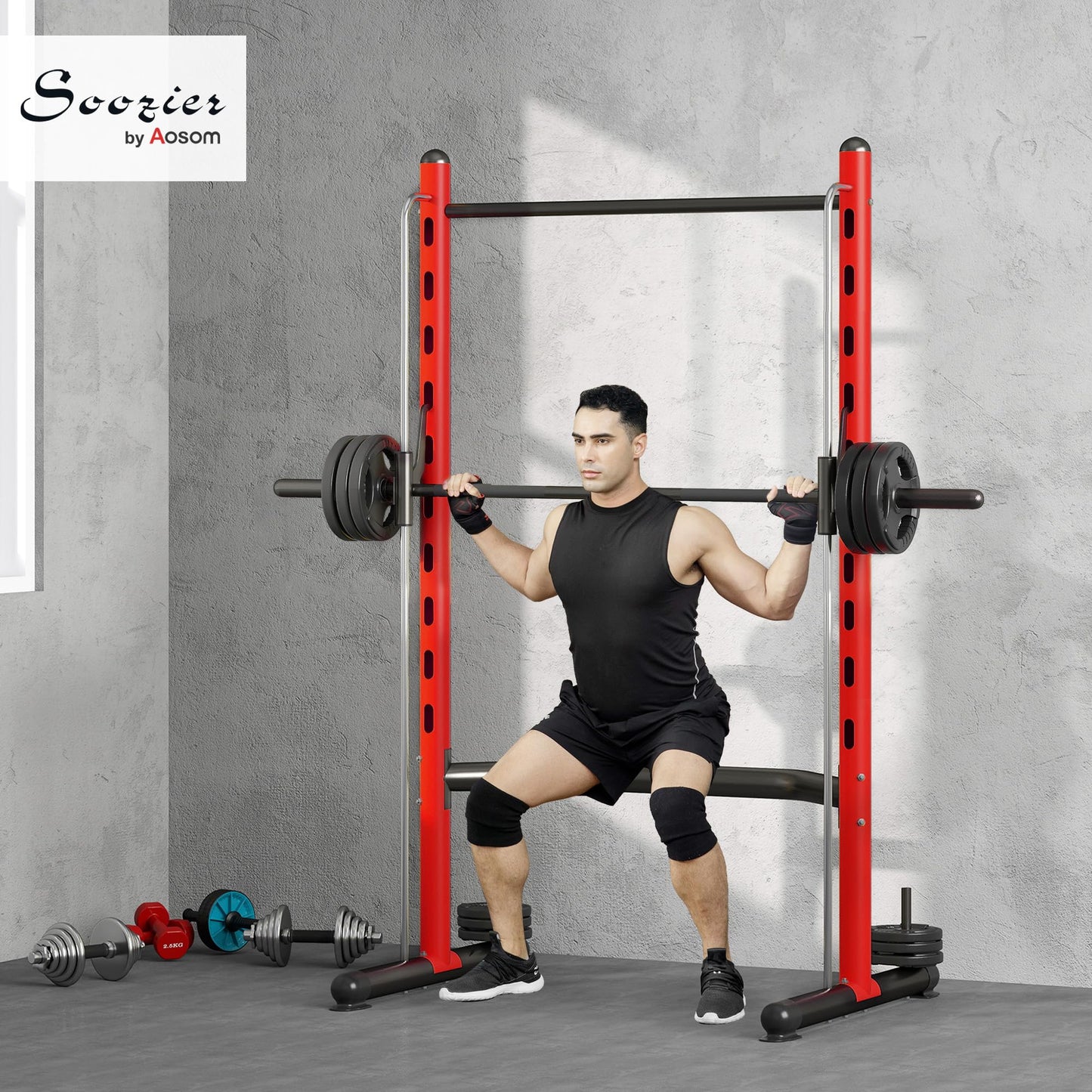Soozier Squat Rack with Pull-Up Bar, Adjustable Power Rack with Barbell Bar, Multi-Functional Steel Bench Press Rack for Home Gym Strength Training, Black, Red