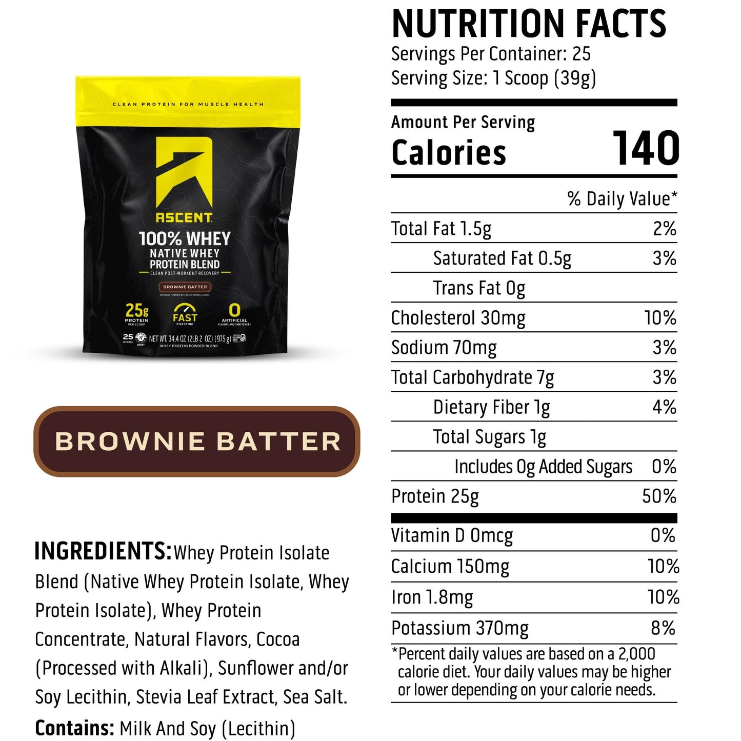Ascent 100% Whey Protein Powder - Post Workout Whey Protein Isolate, Zero Artificial Flavors & Sweeteners, Gluten Free, 5.5g BCAA, 2.6g Leucine, Essential Amino Acids, Brownie Batter 1.7 lb
