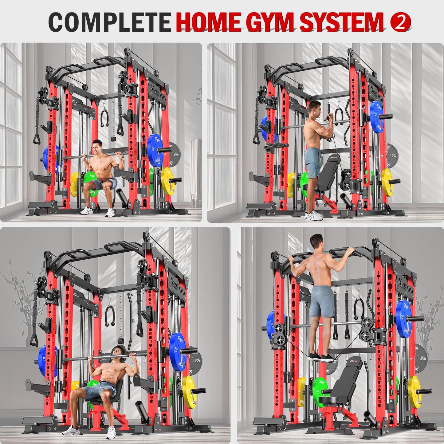 Smith Machine with Cable Crossover System, Multi-Function Power Cage Squat Rack for Home Gym, Power Rack and Packages Weight Sets. (Red, L04-Smith Machine+Bench+(Pole+Color BP) 398LBS)