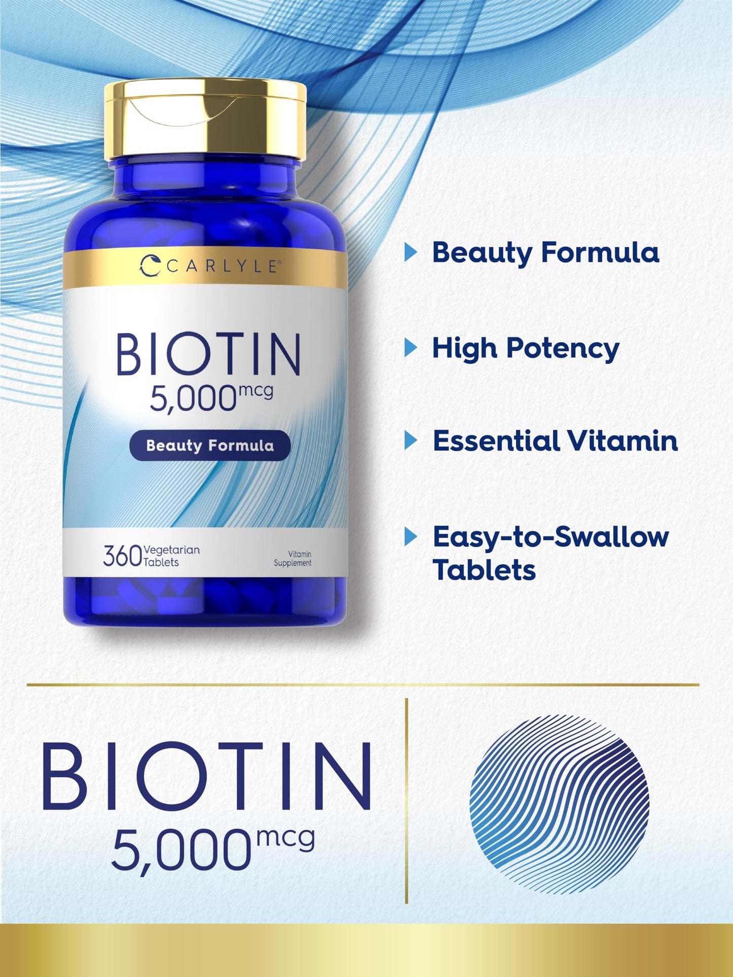 Carlyle Biotin 5000mcg | 360 Vegetarian Tablets | Beauty Formula Supplement for Hair, Skin, and Nails | Non-GMO, Gluten Free