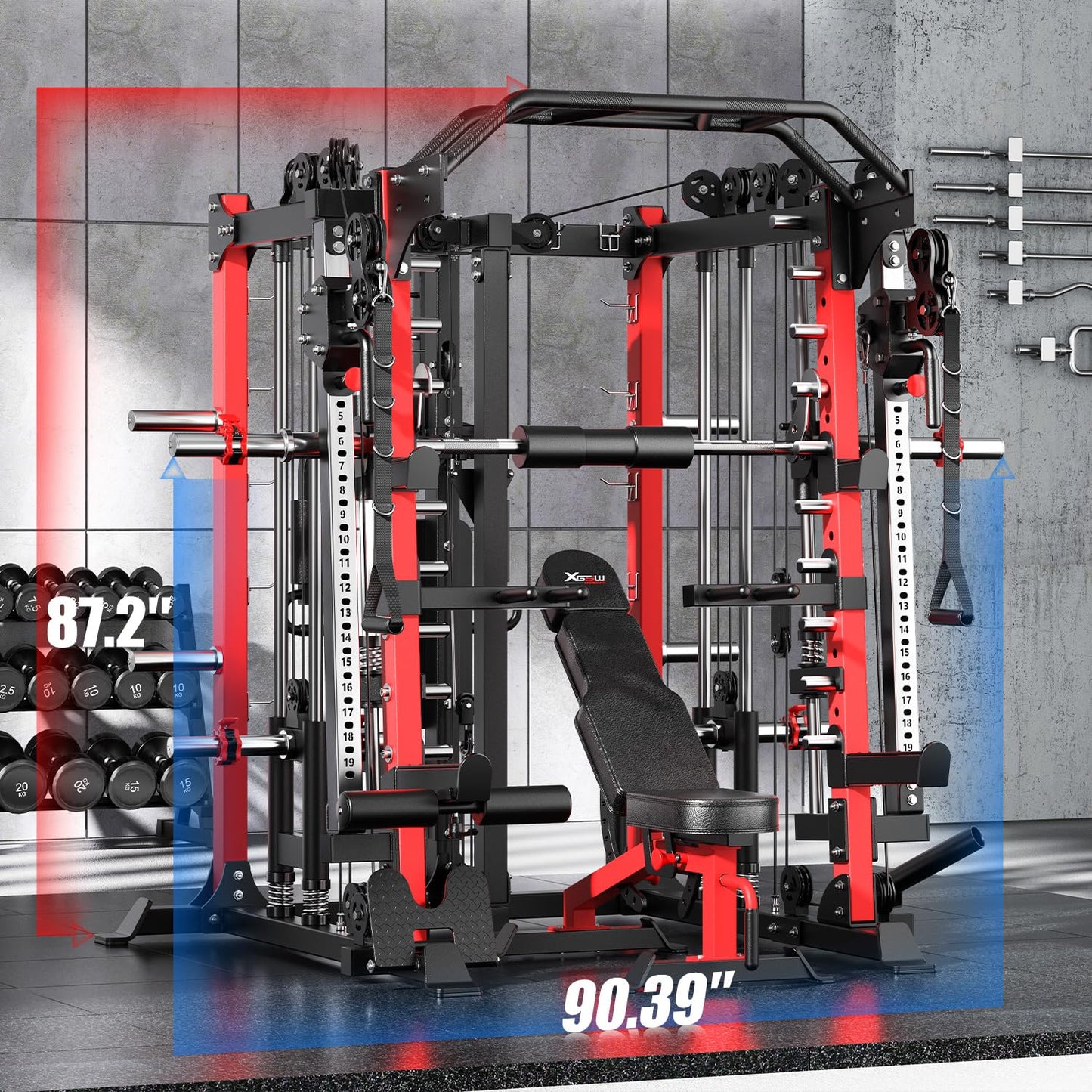 Smith Machine，Multi-Function Squat Rack Power Cage with Cable Crossover System,with Optional Weight Bench, Olympic Barbell Weight Set, for Home Gym (red, L07-Package(（Pole+Color BP） 263LBS)