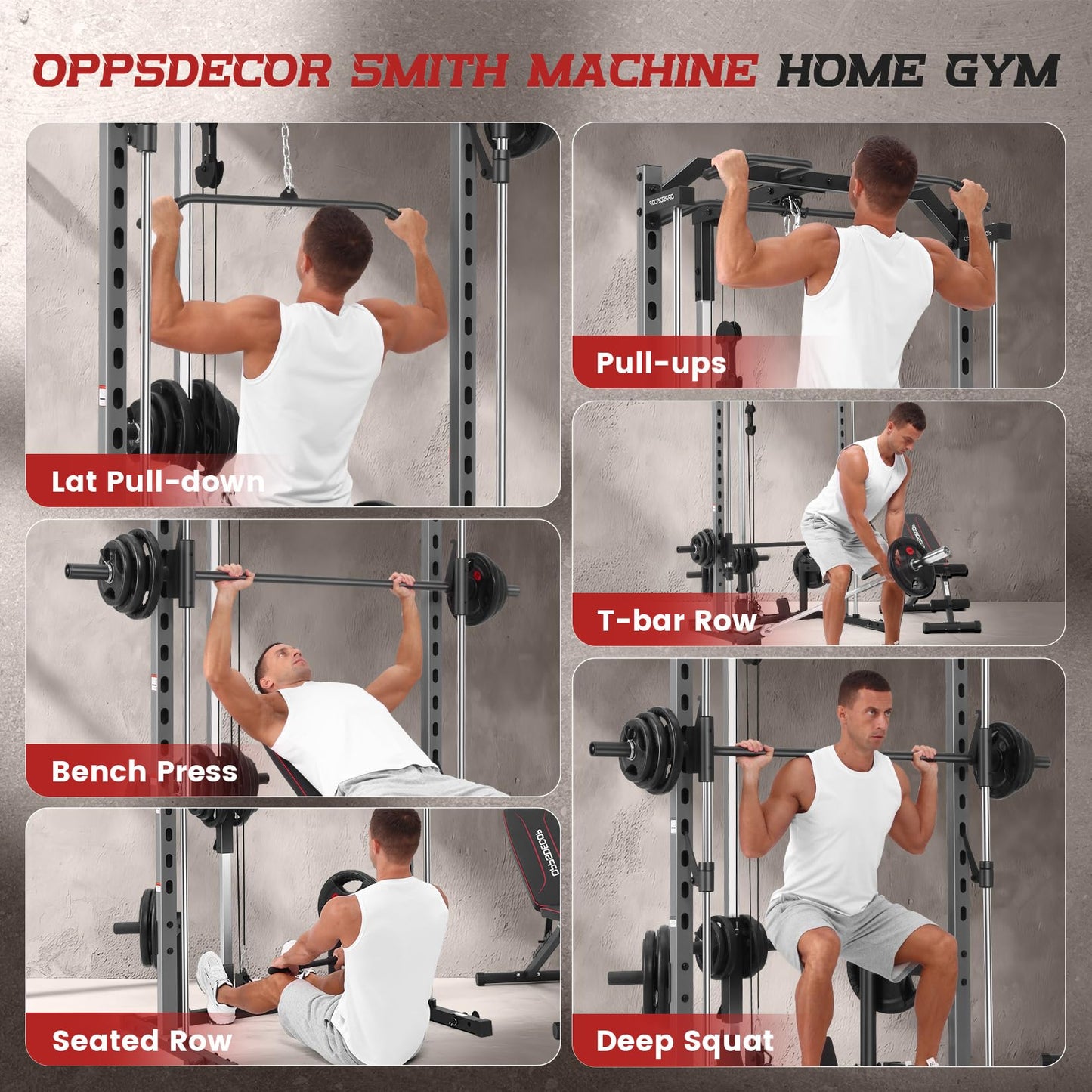 OPPSDECOR All-in-One Smith Machine for Home Gym, 1400LBS Multi-Functional Power Cage Squat Rack with LAT Pulldown System, Cable Machine & Barbell Bar - Strength Training Equipment with Attachments