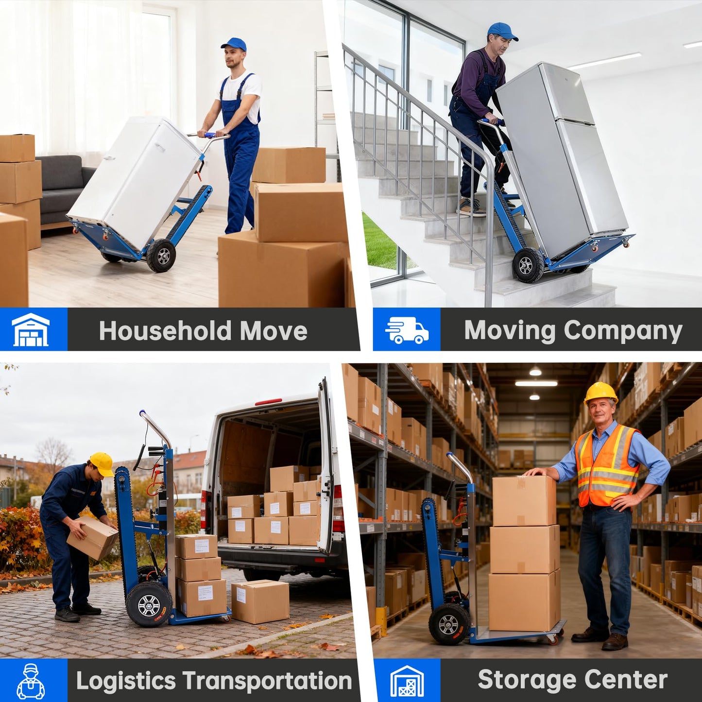 1250W Electric Stair Climbing Dolly, 900lbs Heavy Duty Stair Climber with Retractable Rubber Tracks, Stainless Steel Platform, Lithium Battery & Safety Rope, for Moving Furniture Warehouse, Blue