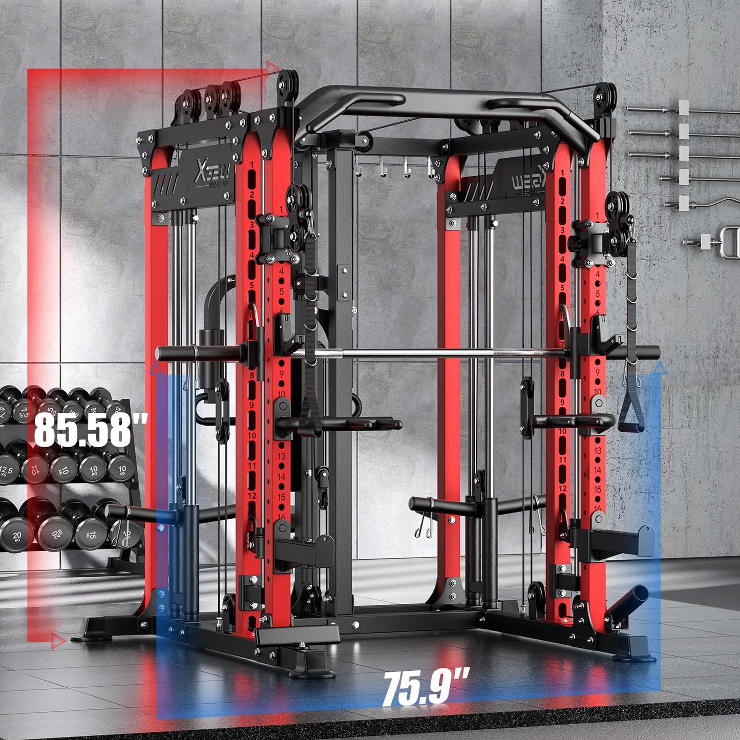 Power Cage and Packages，Smith Machine Weight Stack Set with Cable Crossover System, Multi-Function Squat Rack Power Rack for Home Gym (L06, Red-Power Cage)