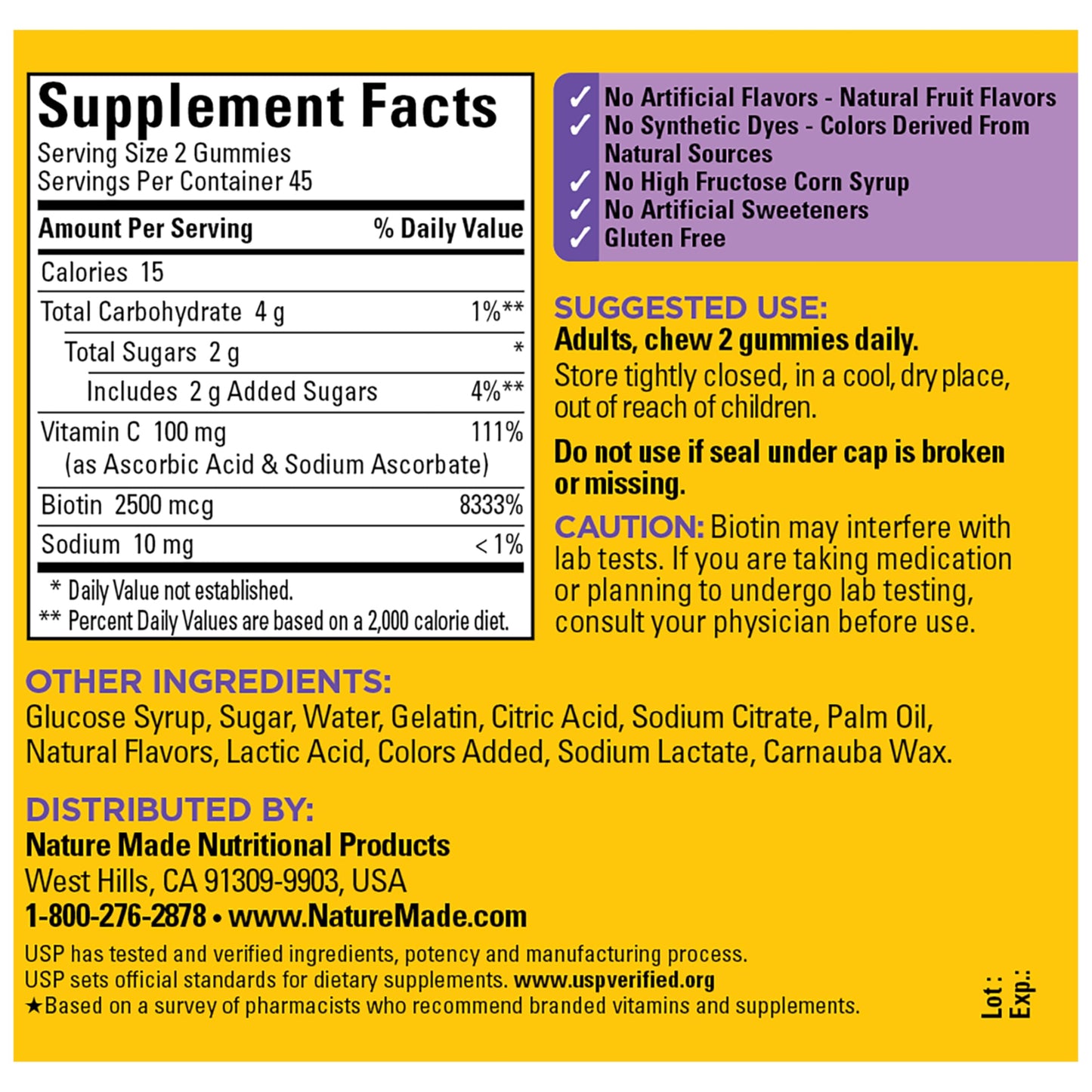 Nature Made Hair Skin and Nails with Biotin 2500 mcg, Dietary Supplement for Healthy Hair, Skin & Nails Support, 90 Gummies, 45 Day Supply