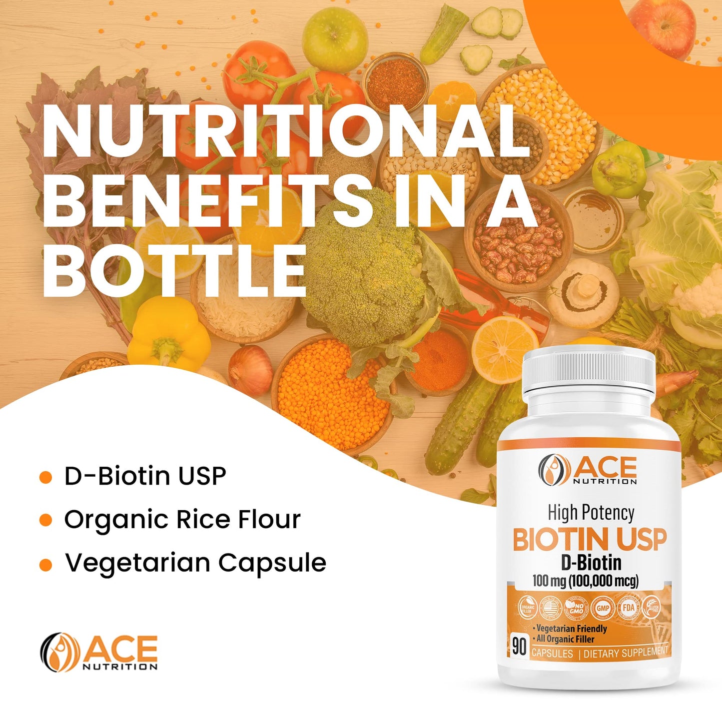 Ace Nutrition High Potency Biotin USP (D-Biotin 100,000mcg) - Superior Biotin, Organic Rice Flour, Vegetarian Capsules For Hair, Skin, & Myelin Health, Made in the USA (100mg/90 Capsules)