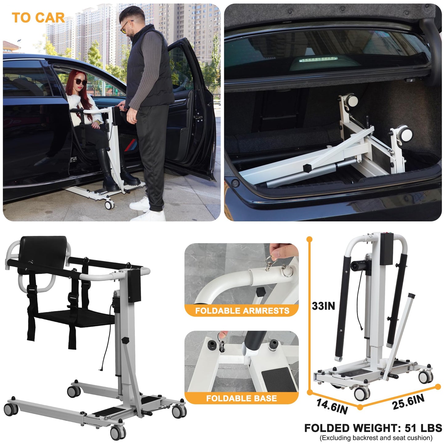 Electric Patient Lift Transfer Chair, Foldable & Portable Design, Adjustable Height/Width for Safe Transfers Between Bed, Wheelchair, Toilet, Car & More (Electric Patient Lift Transfer Chair)