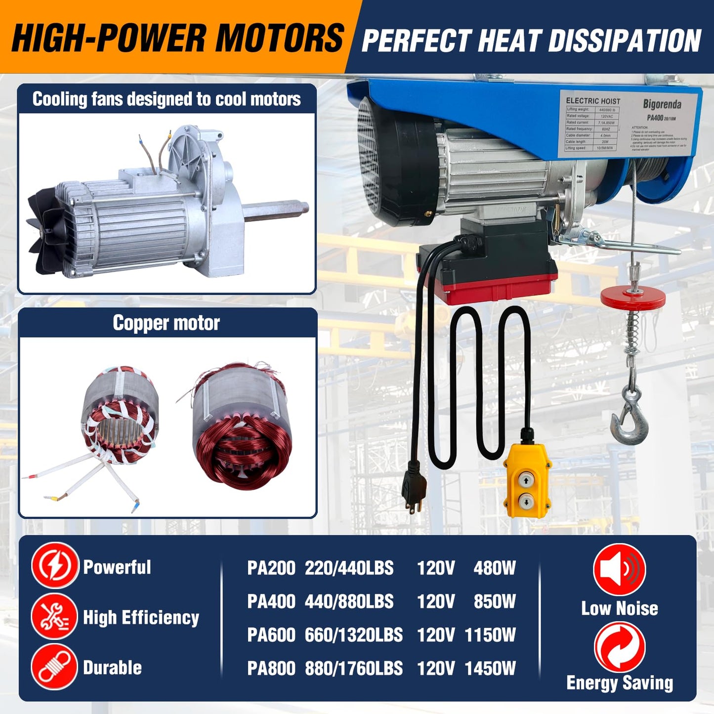 Bigorenda 880lb Electric Hoist with Remote Control/Wired Control, Electric Hoist 2 in 1, 110v Electric Hoist with Single/Double Slings,65.6/33ft Lifting Height, for Factory Attic Garage Warehouse