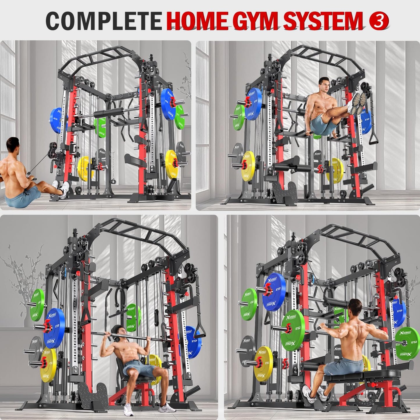 Smith Machine，Multi-Function Squat Rack Power Cage with Cable Crossover System,with Optional Weight Bench, Olympic Barbell Weight Set, for Home Gym (Black, L05-Package（Pole+Color BP） 263LBS)
