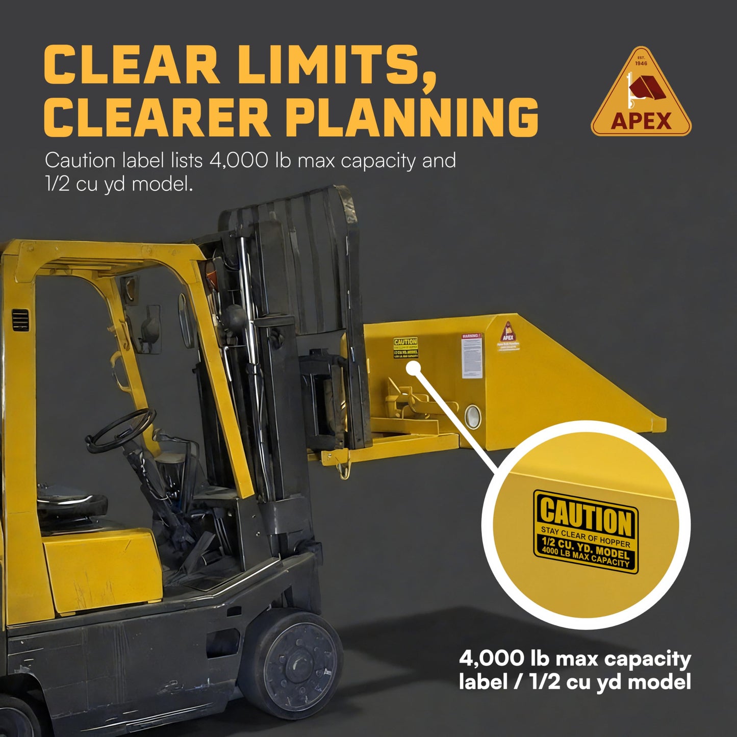 Apex 1/2 Cubic Yard Forklift Front Loading Self-Dump Bucket Attachment, 45 in Width, 4000 lb Max Capacity, 550 lb Weight, Yellow, Transport Snow Gravel, Sand, Brush