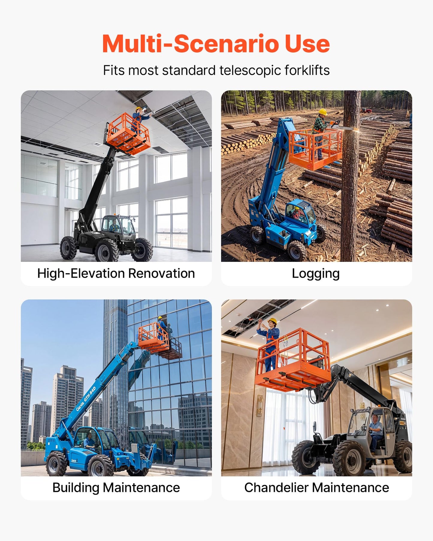 VEVOR Mesh Telehandler Work Platform, 48 x 71.5 Inch Man Safety Basket, 2000 lbs Capacity Forklift Telehandler Attachment, Safety Cage, Heavy Duty Carbon Steel, for Most Aerial Jobs Lifting Loader