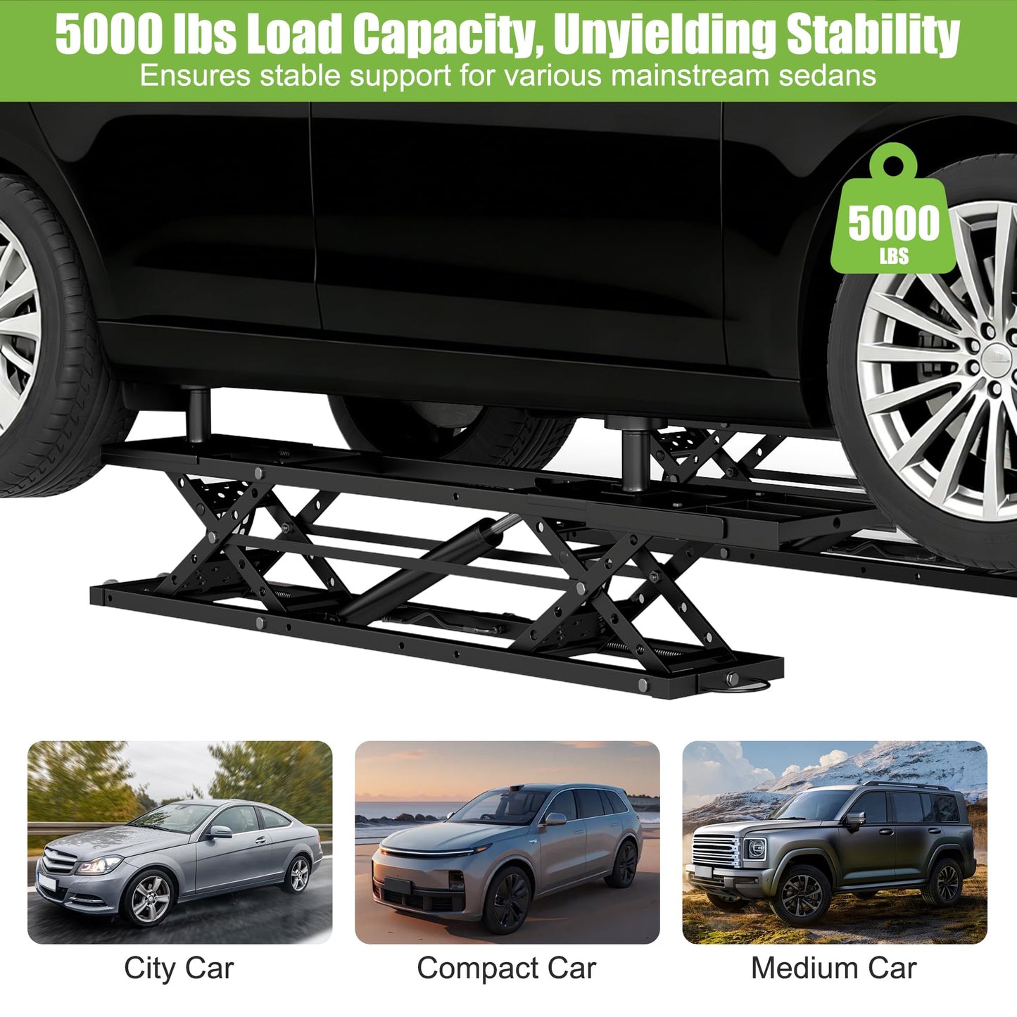 5000 LBS Portable Car Lift, Heavy Duty Quick Jack with 25.6" Max Height, Extended-Length Plates, 120V Power Unit, for Cars, SUVs, Light Trucks, Shop Use or Garage, Black