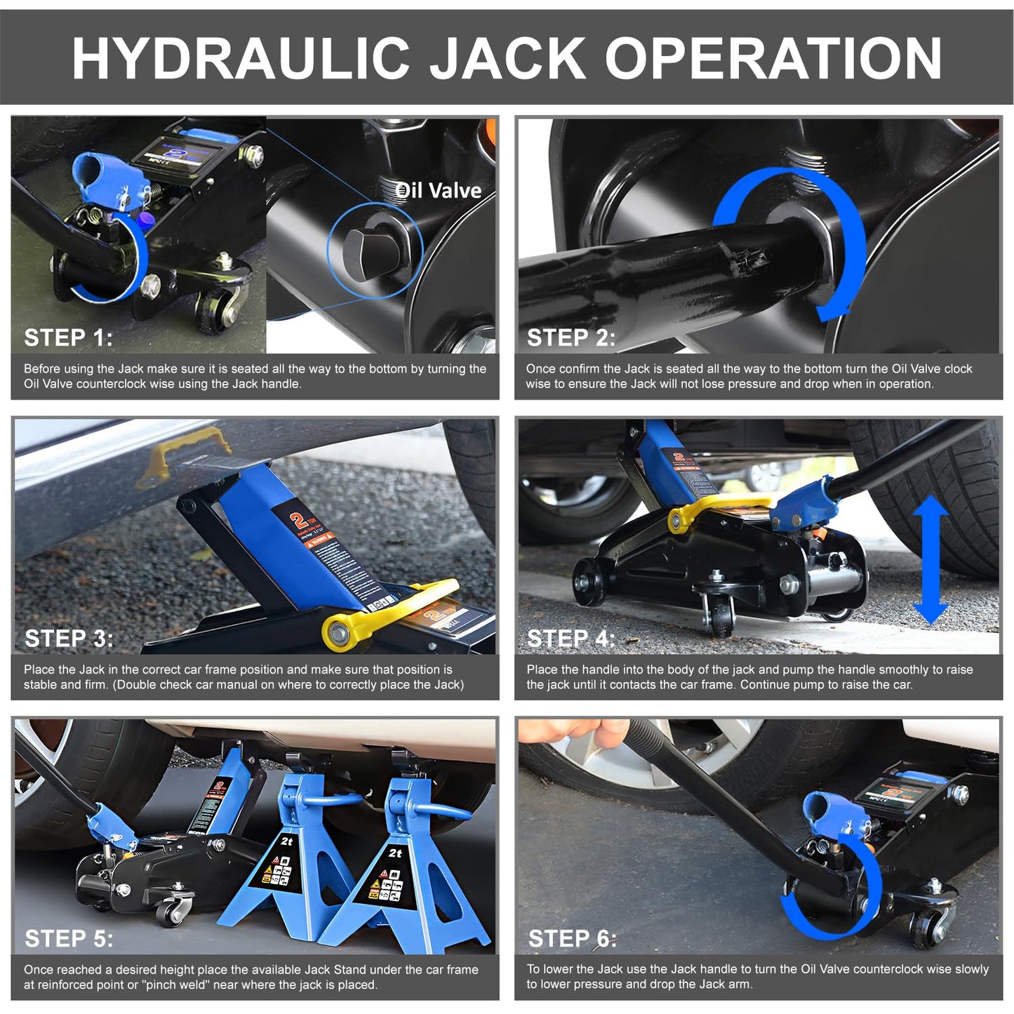 PM PERFORMOTOR Low Profile Hydraulic Trolley Service/Floor Jack Combo with 2 Ratchet Jack Stands, 2 Ton (4000 lbs) Capacity, Blue, PM-TOL-FJ3P-BL