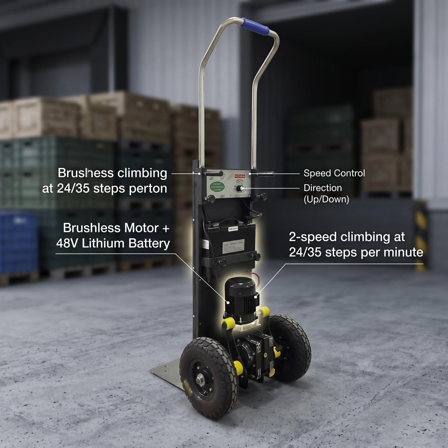 Motorized Stair Climbing Dolly, 2500W Electric Hand Truck 1600 lbs Capacity, Foldable Heavy Duty Cart with Anti-Slip Solid Wheels & Brake System for Stairs, Logistics & Home Moving (Black)