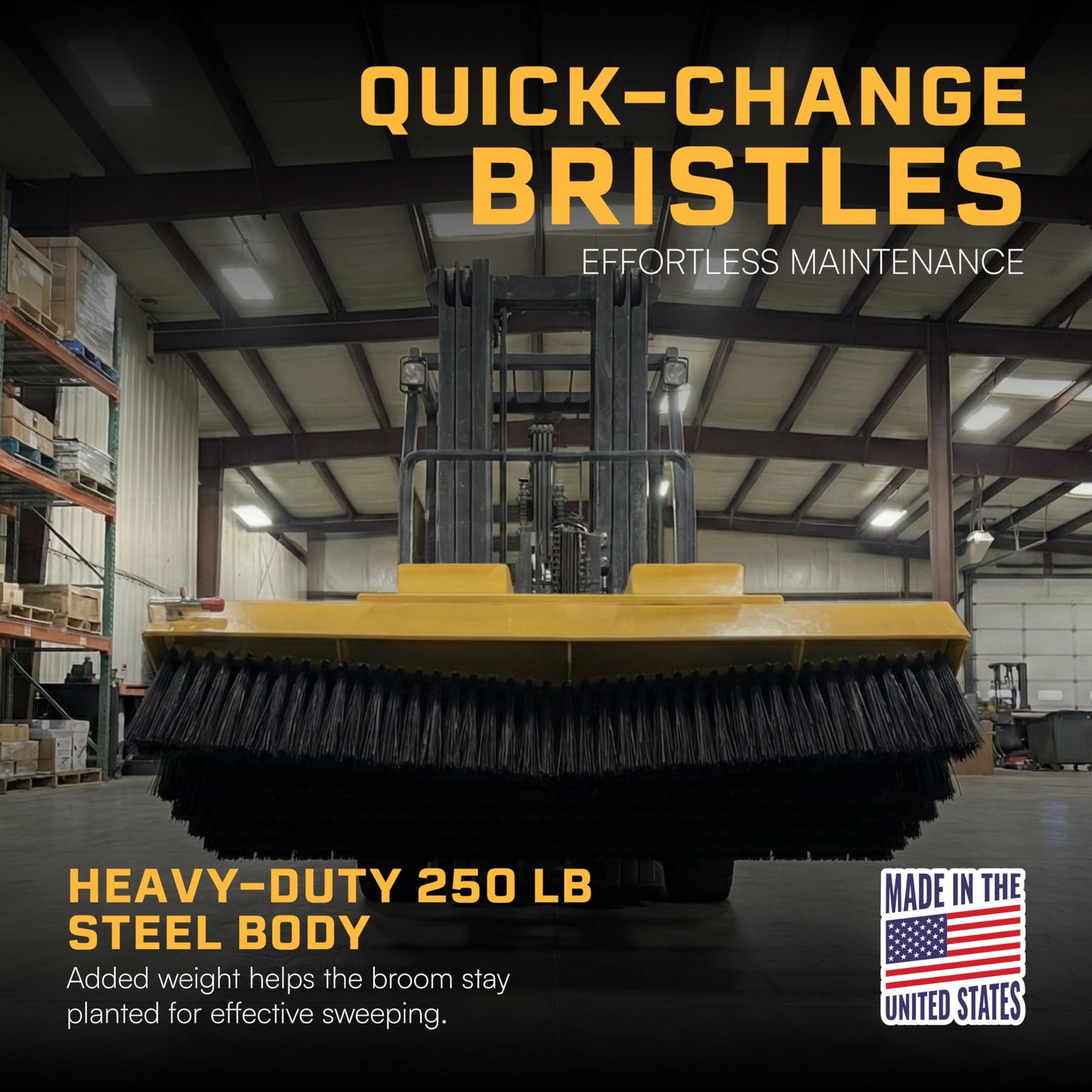 Apex 60 Inch 6 Row Forklift Broom, Heavy Duty 285 lb Sweeper Attachment with Quick Change Poly Bristles and 1/4 Inch Steel Frame for Indoor and Outdoor Facility Cleanup, Made in USA