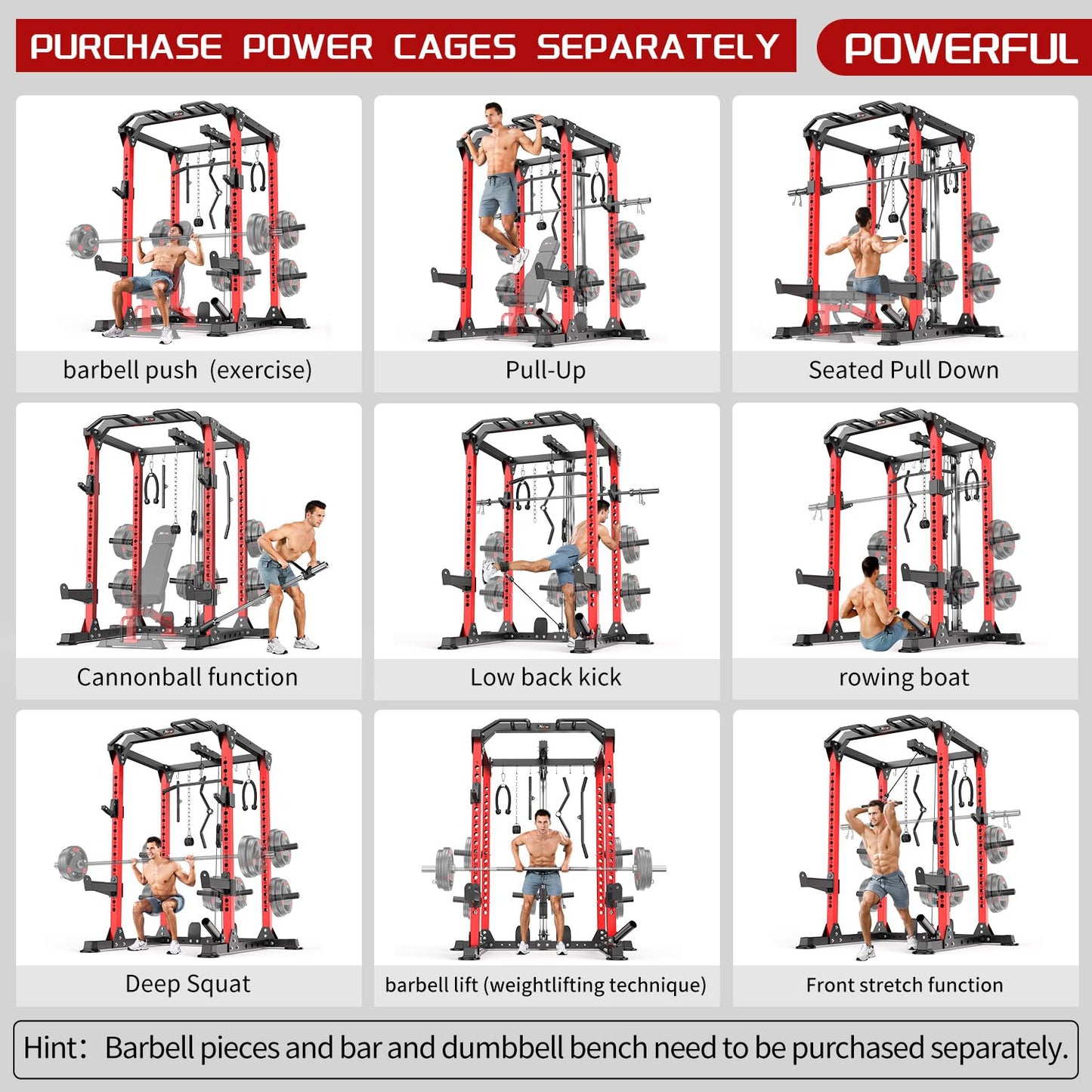 Power Rack Power Cage Multi-Function Squat Rack with Cable Crossover System Selectable More Training Attachment Power Rack for Garage & Home Gym (Red, A Set L01 Power Cage)