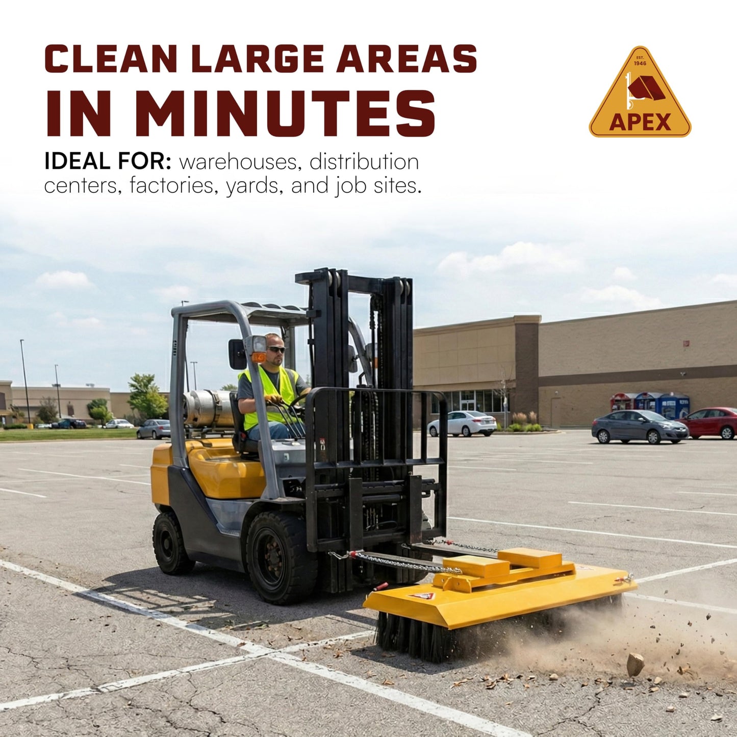 Apex 60 Inch 6 Row Forklift Broom, Heavy Duty 285 lb Sweeper Attachment with Quick Change Poly Bristles and 1/4 Inch Steel Frame for Indoor and Outdoor Facility Cleanup, Made in USA