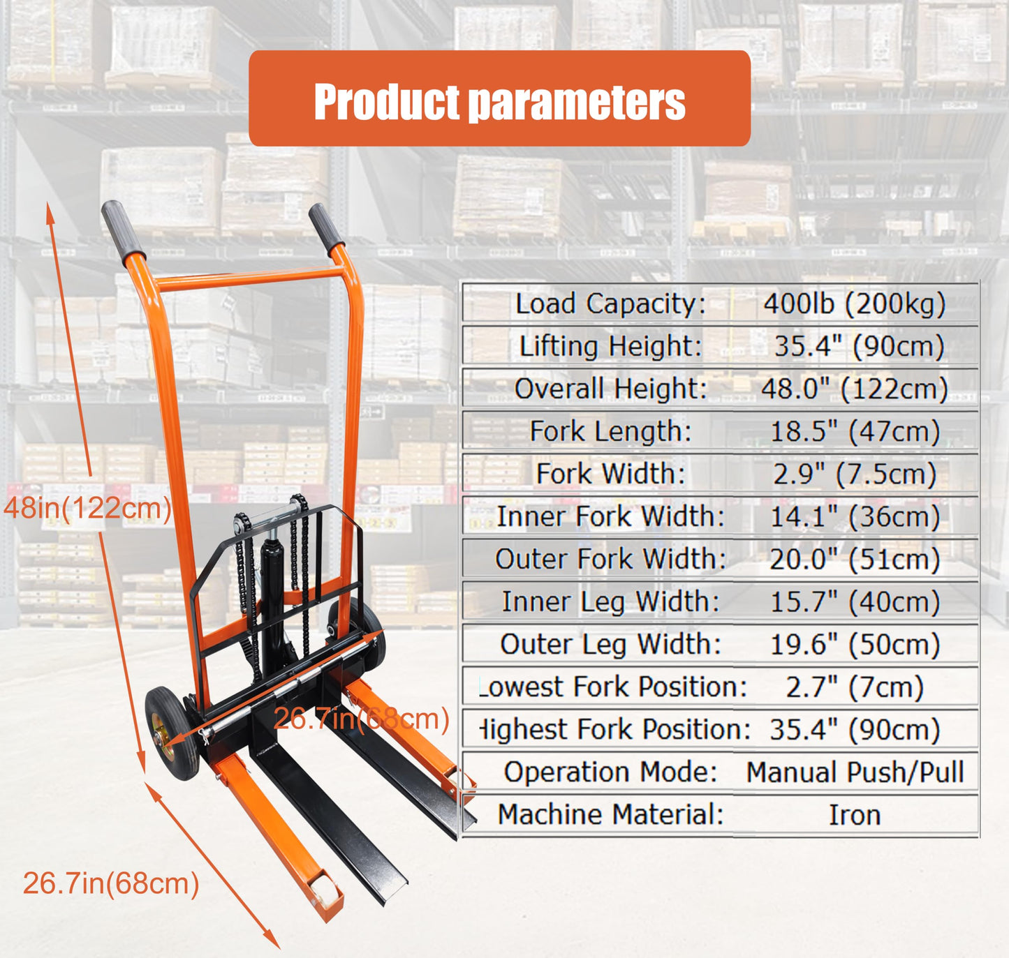 INTSUPERMAI Manual Stacker Hand Pallet Truck - 400lb Lifting Capacity, 35.4" Lift Height, Hydraulic Forklift for Warehouse, Factory, Supermarket & Exhibition Halls