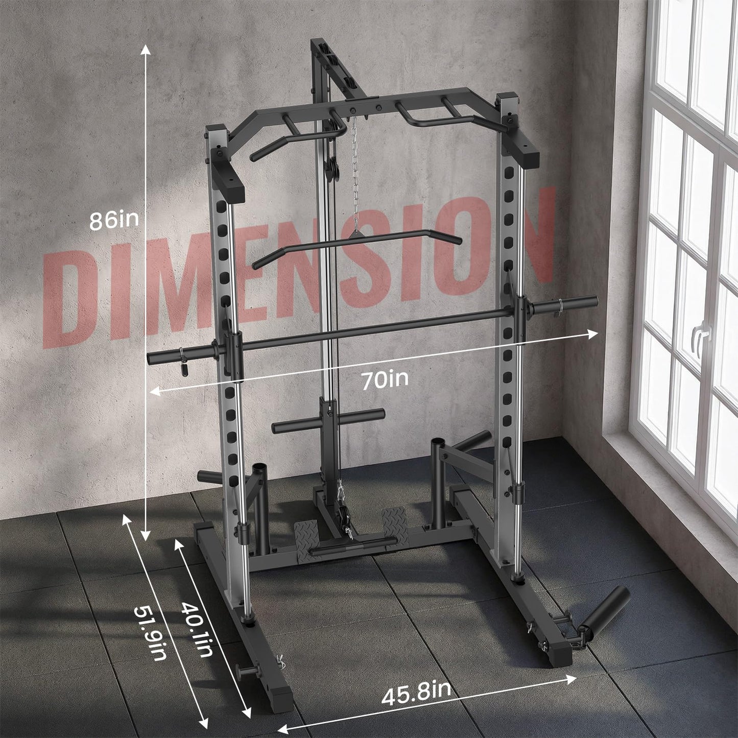 OPPSDECOR All-in-One Smith Machine for Home Gym, 1400LBS Multi-Functional Power Cage Squat Rack with LAT Pulldown System, Cable Machine & Barbell Bar - Strength Training Equipment with Attachments