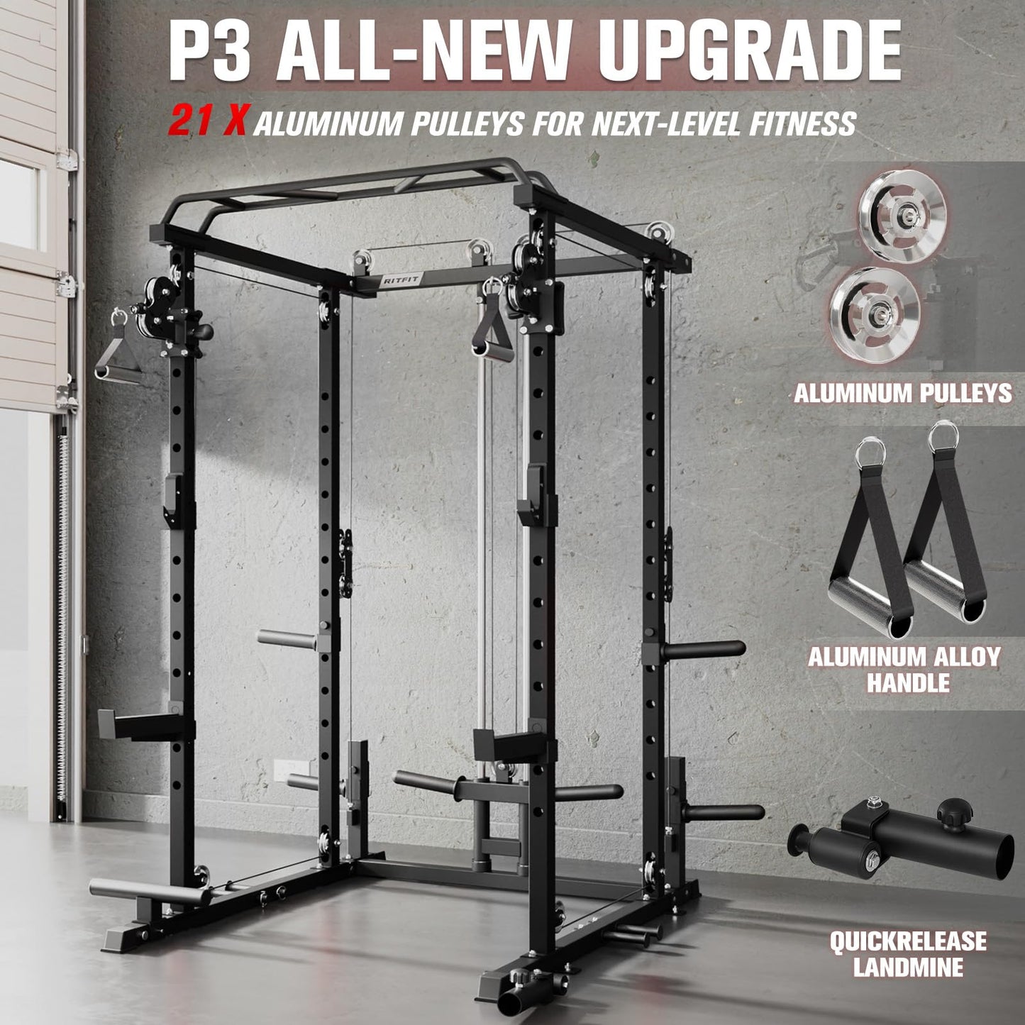 RitFit Squat Rack Power Cage Home Gym Package, Includes 1200LBS Power Rack with Cable Crossover System, Weight Bench, Weight Plate Set with Olympic Barbell (Package 1.7K (Bumper Plate 230LBS))-Black