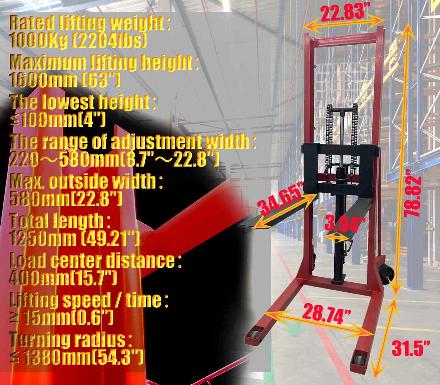 INTSUPERMAI Manual Pallet Stacker Hand Pallet Forklift 2200 lbs/1 Ton Capacity 63inch Lift Height Adjustable Forks Width Manual Hydraulic Pump Lift Truck Hand Pump Stacker