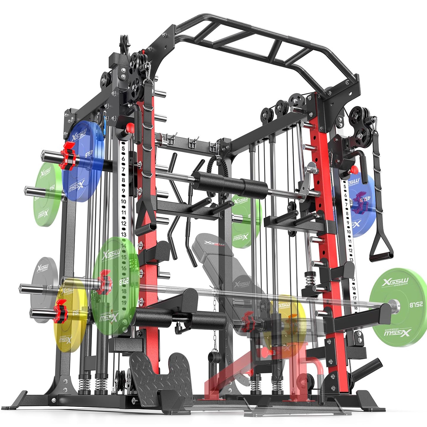 XGSW XINGESIWR Multi-Purpose Squat Rack,Smith Machine Weight Rack Set with Cable Crossover System, Home Gym Power Racks, Power Racks and Packages (L05, Power cage Red)