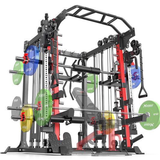 XGSW XINGESIWR Multi-Purpose Squat Rack,Smith Machine Weight Rack Set with Cable Crossover System, Home Gym Power Racks, Power Racks and Packages (L05, Power cage Red)