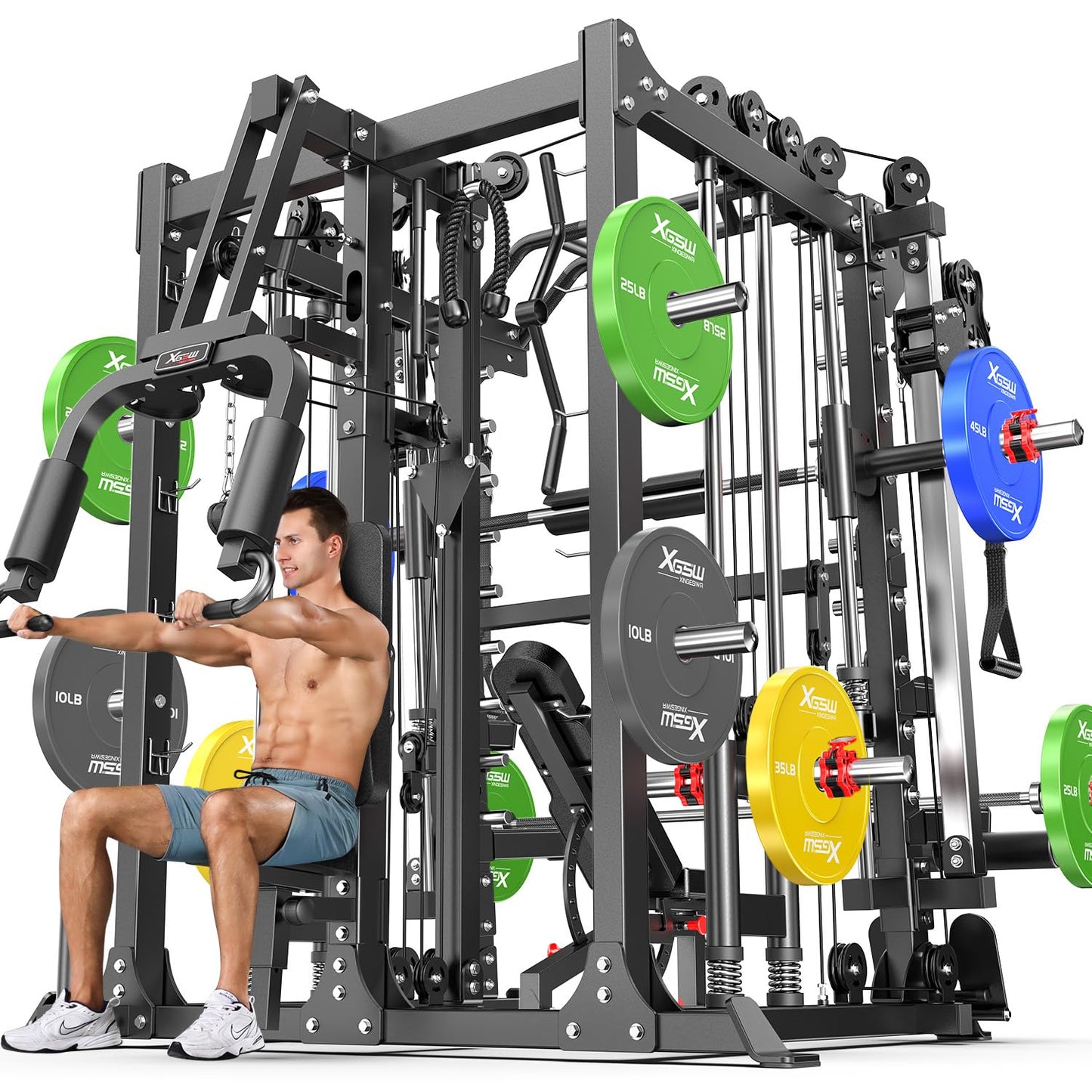 Smith Machine，Multi-Function Squat Rack Power Cage with Cable Crossover System,with Optional Weight Bench, Olympic Barbell Weight Set, for Home Gym (Black, L07-Package(（Pole+Color BP） 263LBS)