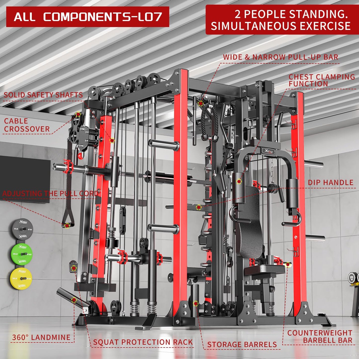 Multi-Purpose Squat Rack,Smith Machine Weight Rack Set with Cable Crossover System, Home Gym Power Racks, Power Racks and Packages (L07 two users, Power cage Red+bench+(pole+Color BP)400LBS)