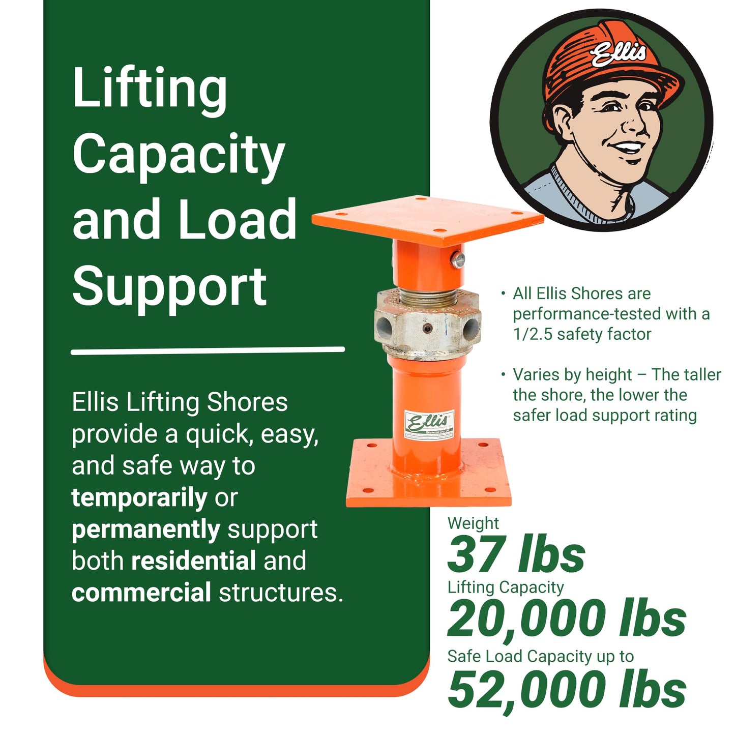 ELLIS Heavy-Duty Adjustable Steel Shore – House Jack for Permanent or Temporary Foundation Support, Beams, and Structural Repair – 52,000 lb Safe Load Capacity – 13"-20" Adjustment