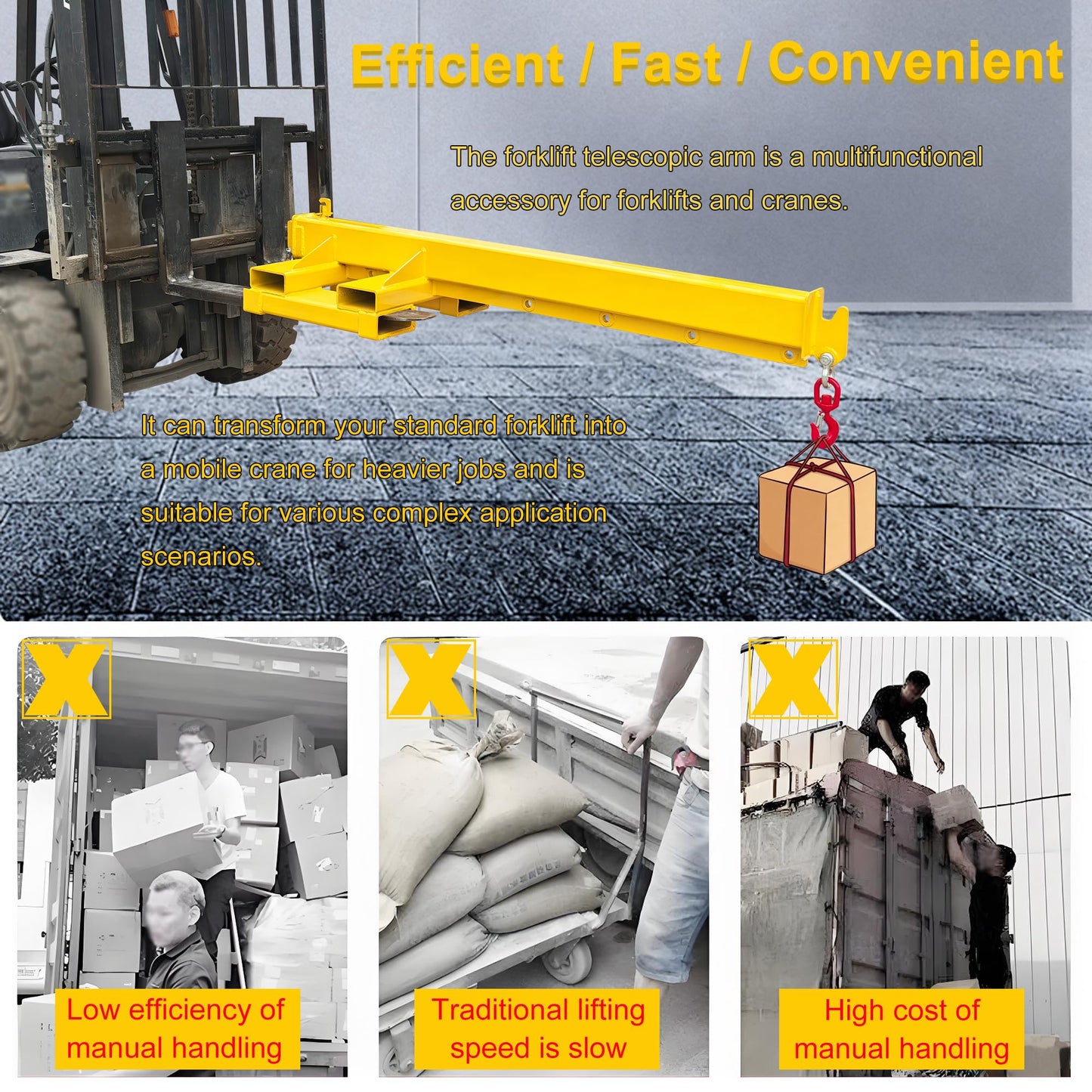HayWHNKN 2T Forklift Jib Boom Hoist 12.1FT Bidirectional Telescopic Mobile Crane Attachment with 2 Bases, 2 Hooks, 6.3x2.56'' Socket, Lifting Towing Handling for Warehouse & Construction Material