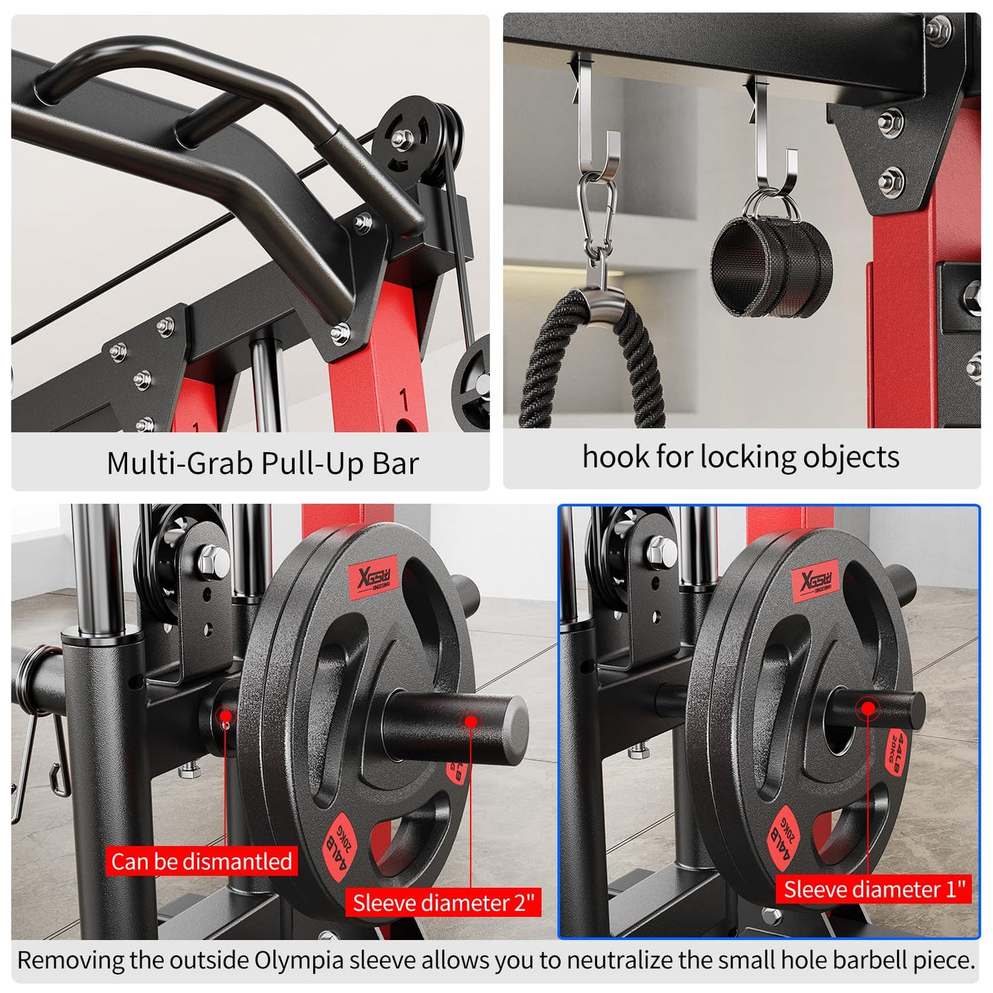 XGSW XINGESIWR Multi-Purpose Squat Rack,Smith Machine Weight Rack Set with Cable Crossover System, Home Gym Power Racks, Power Racks and Packages (L04, Power cage Red+Bench+Cast lron 220LBS)