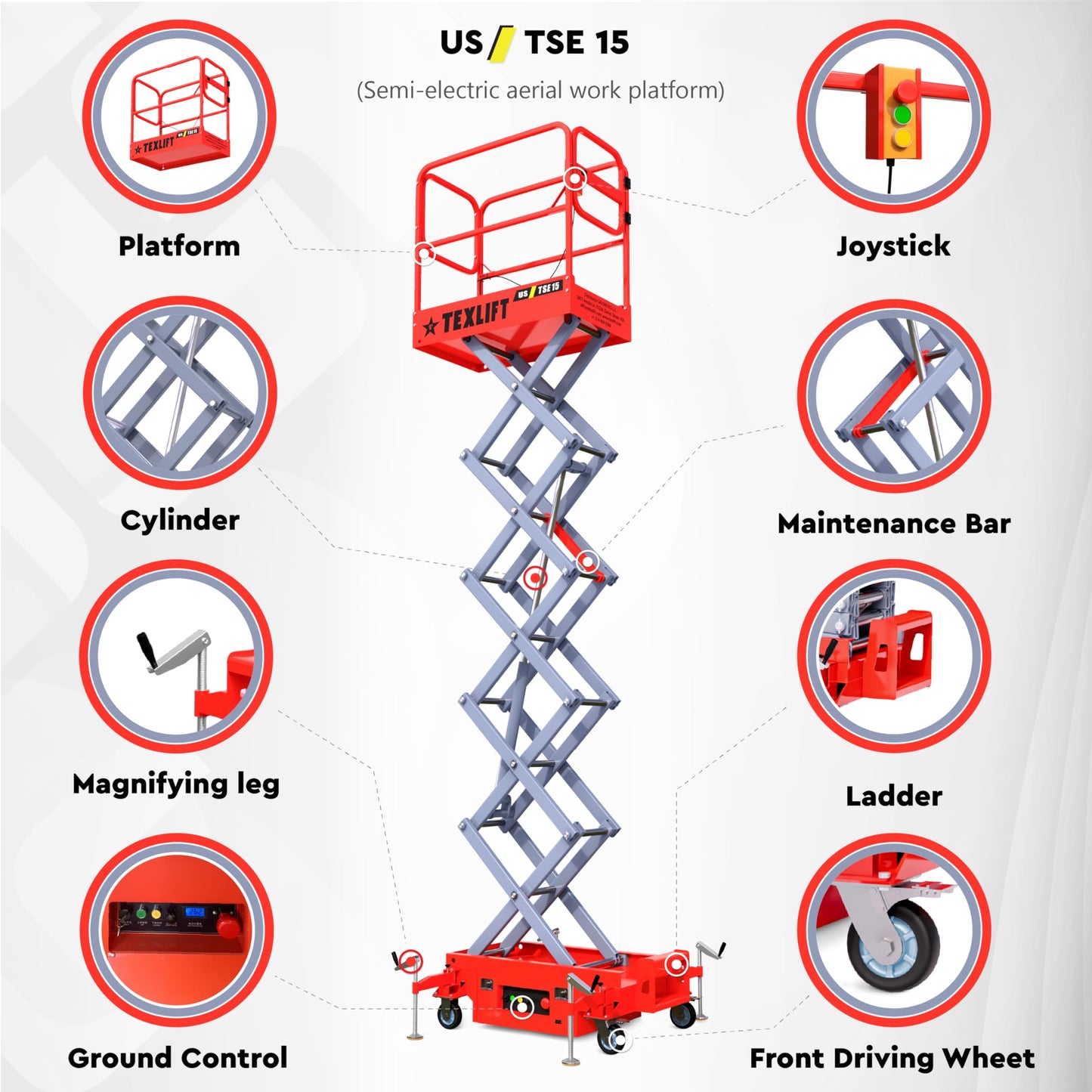 TEXLIFT Semi Automatic Electric Scaffolding Scissor Lift – Hydraulic Mobile Lifter Aerial Work Platform Height 15 Feet Overall Height 22 Feet – Portable Man Lift Table - 2 Pack