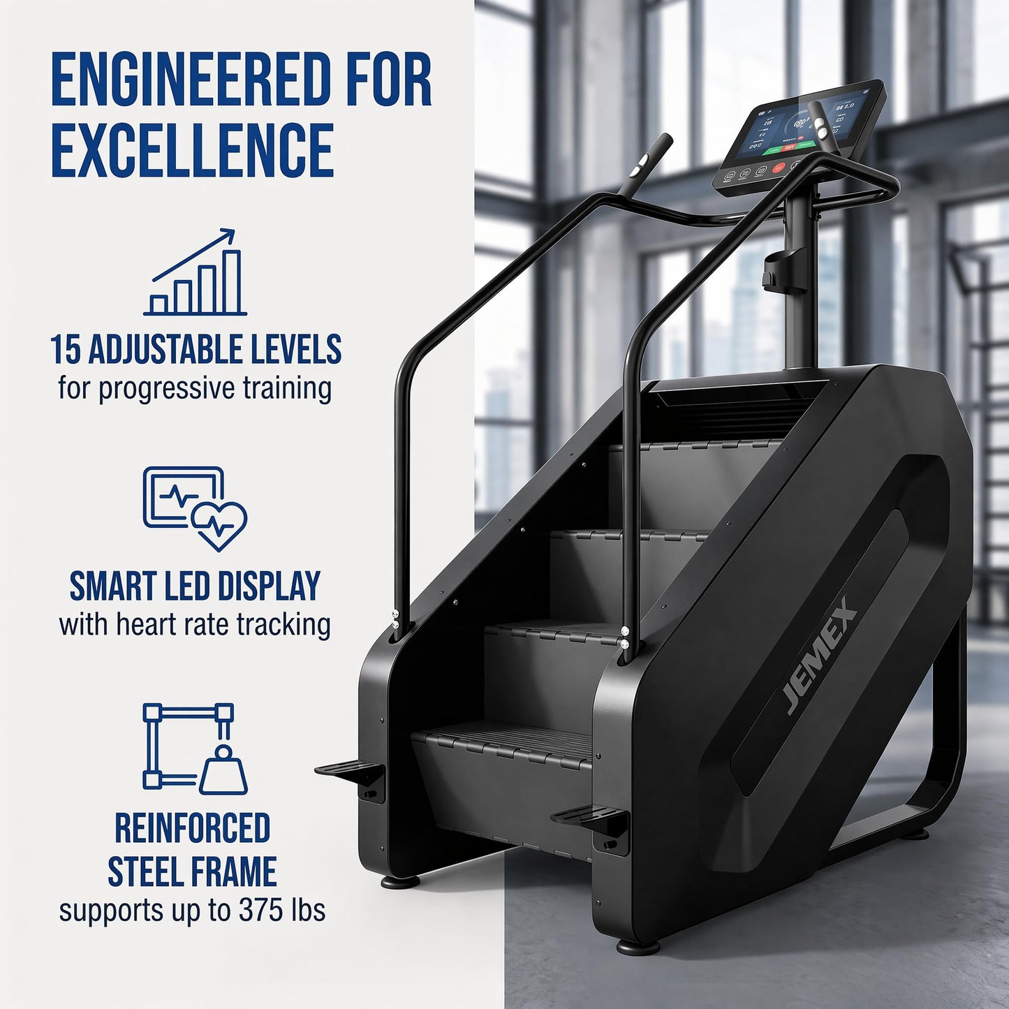 JEMEX Stair Stepper Machine, Heavy Duty Stair Climber with 15 Resistance Levels, Low Impact Cardio for Home Gym, Infrared Auto-Lock, LED or Standard Model, 375 lbs (Black, LED Display)