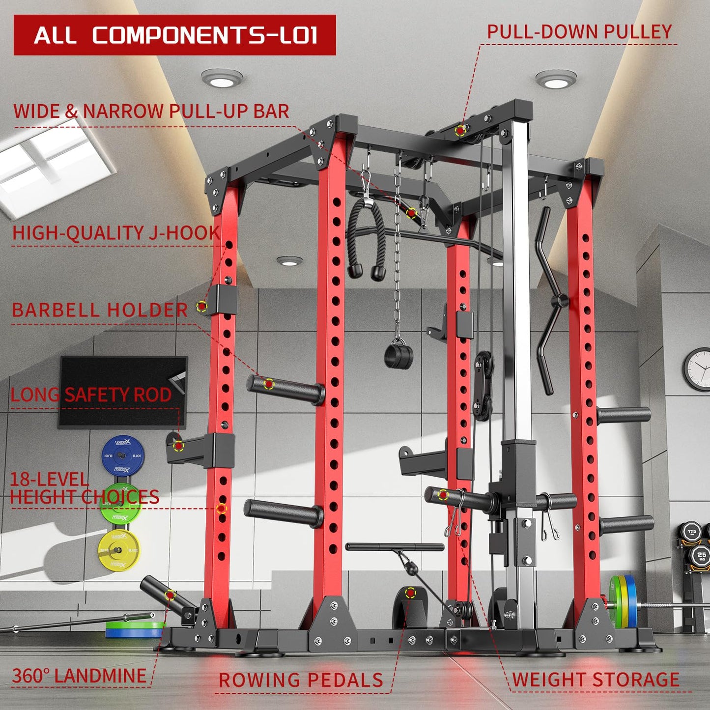 Power Rack Power Cage Multi-Function Squat Rack with Cable Crossover System Selectable More Training Attachment Power Rack for Garage & Home Gym (Red, D Set L01+Weight Bench+（Pole+Color BP） 258LBS)