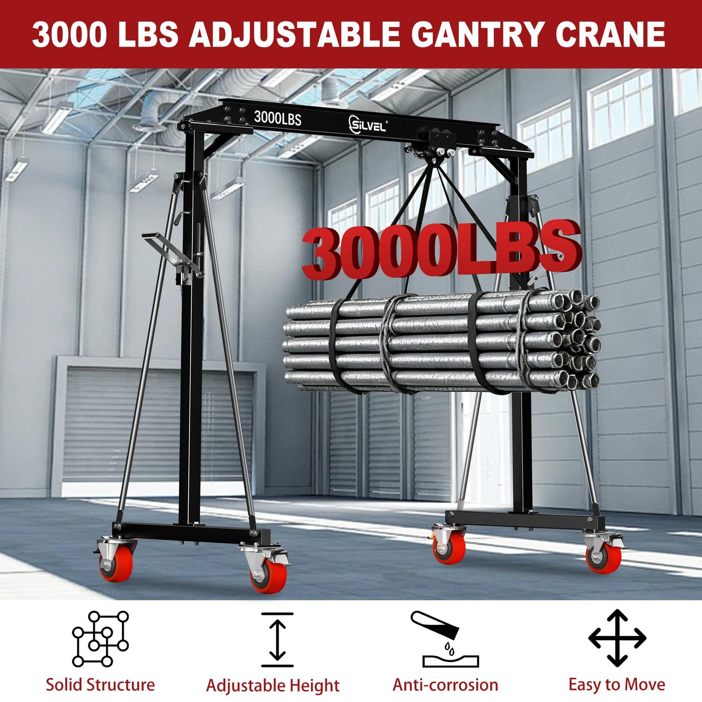SILVEL Gantry Crane 1 Ton MAX3000LBS, Adjustable Height 8.53 to 12.47ft with Triangle Base, Portable I-Beam Hoist for Factory, Warehouse, Auto Repair & Construction, Red