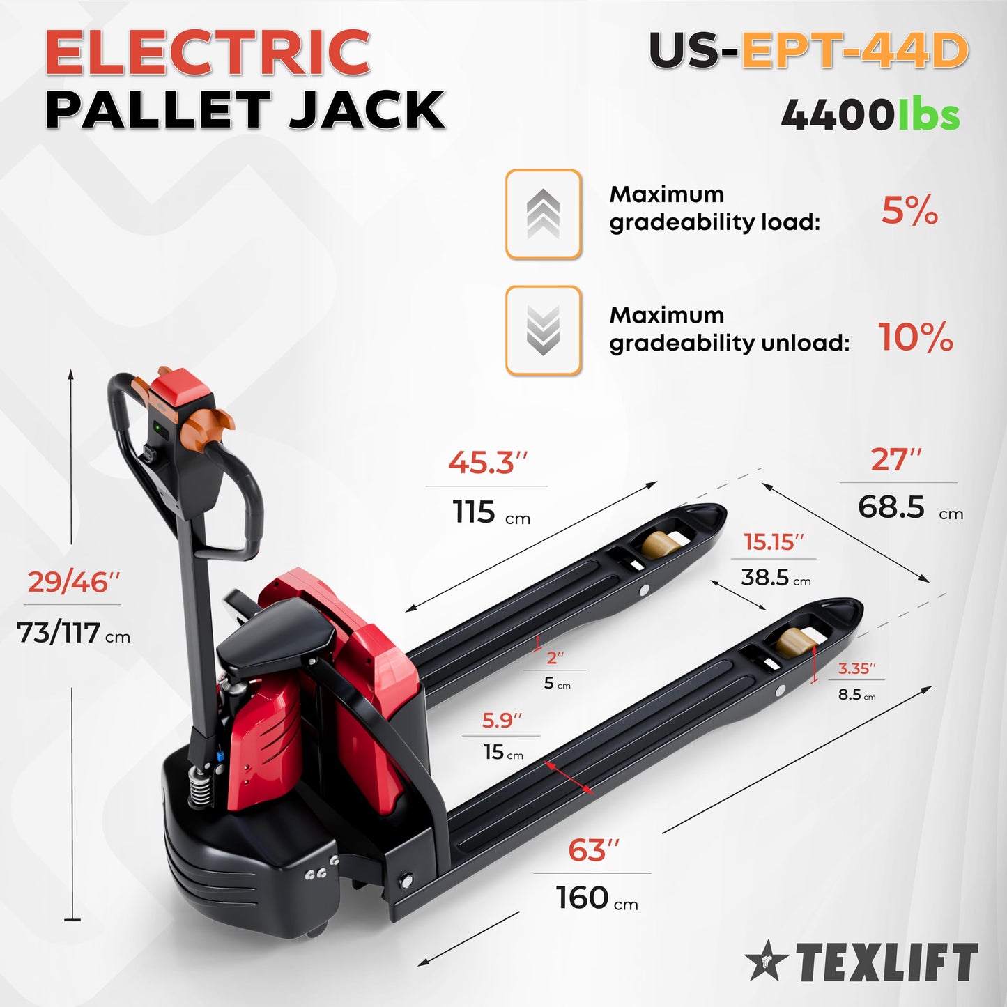 TEXLIFT Full Electric Power Pallet Jack – Standard Duty Pallet Lift Truck 4400 Lbs Capacity, 48” L x 27” W Fork Size, Plug-in 48V/20Ah Lithium Battery – Max Lift Height 8 Inch - (US-EPT44K-DN)