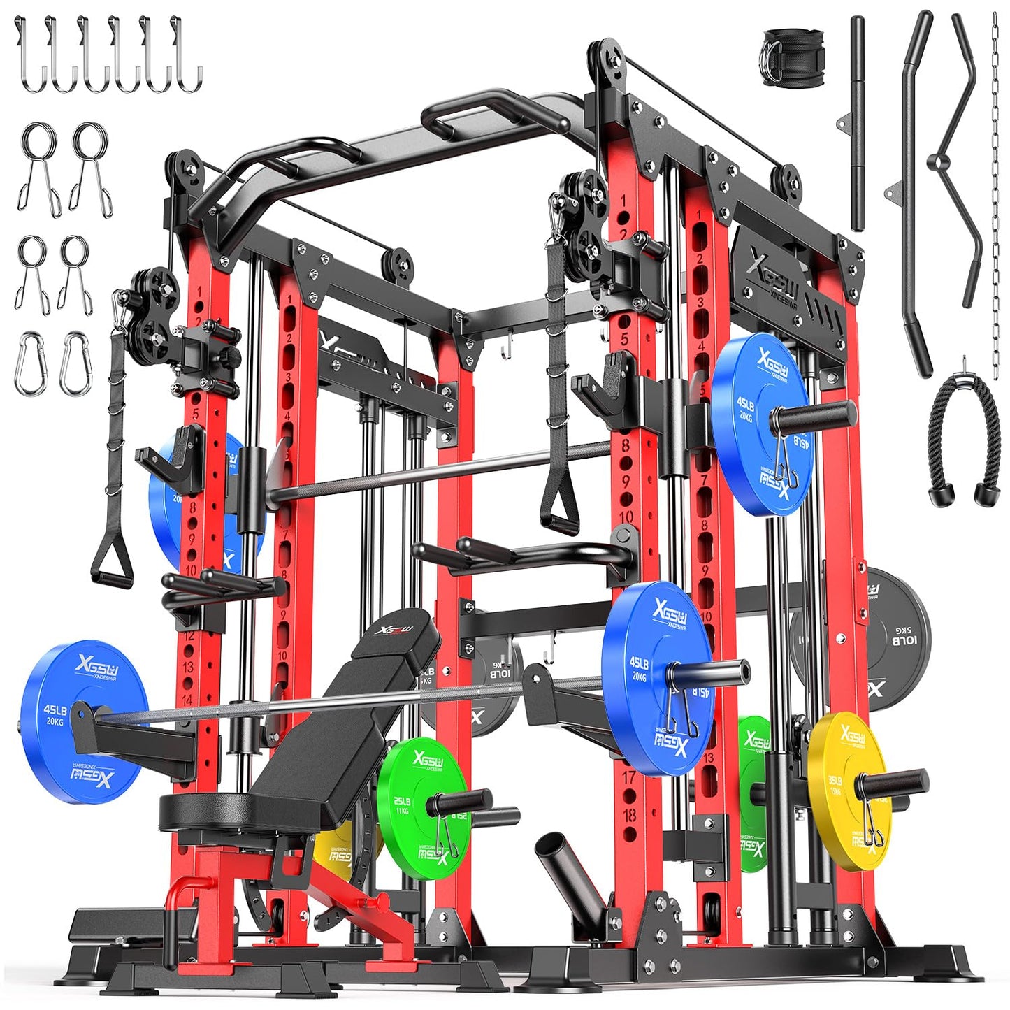 Smith Machine with Cable Crossover System, Multi-Function Power Cage Squat Rack for Home Gym, Power Rack and Packages Weight Sets. (Red, L04-Smith Machine+Bench+(Pole+Color BP) 398LBS)