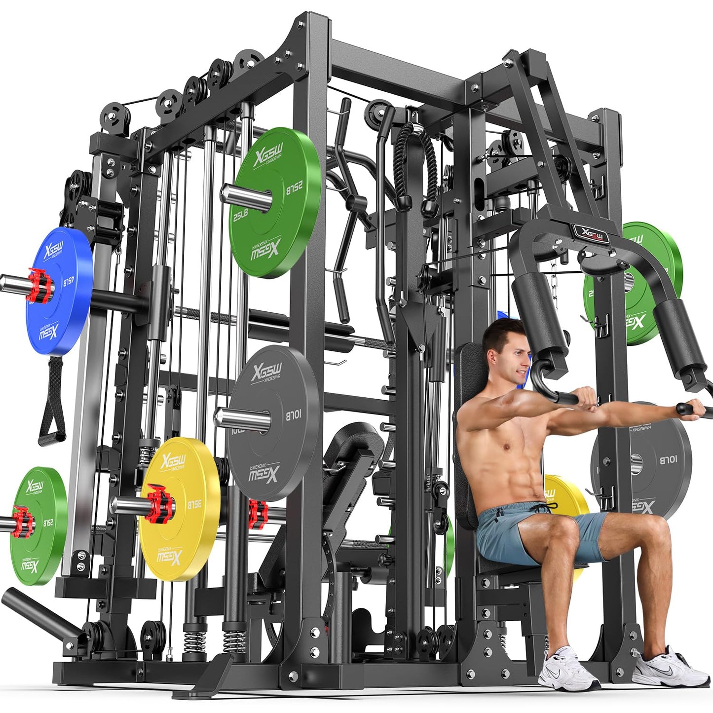 Multi-Purpose Squat Rack,Smith Machine Weight Rack Set with Cable Crossover System, Home Gym Power Racks, Power Racks and Packages (L07 two users, Power cage Black+bench+(pole+Color BP)400LBS)